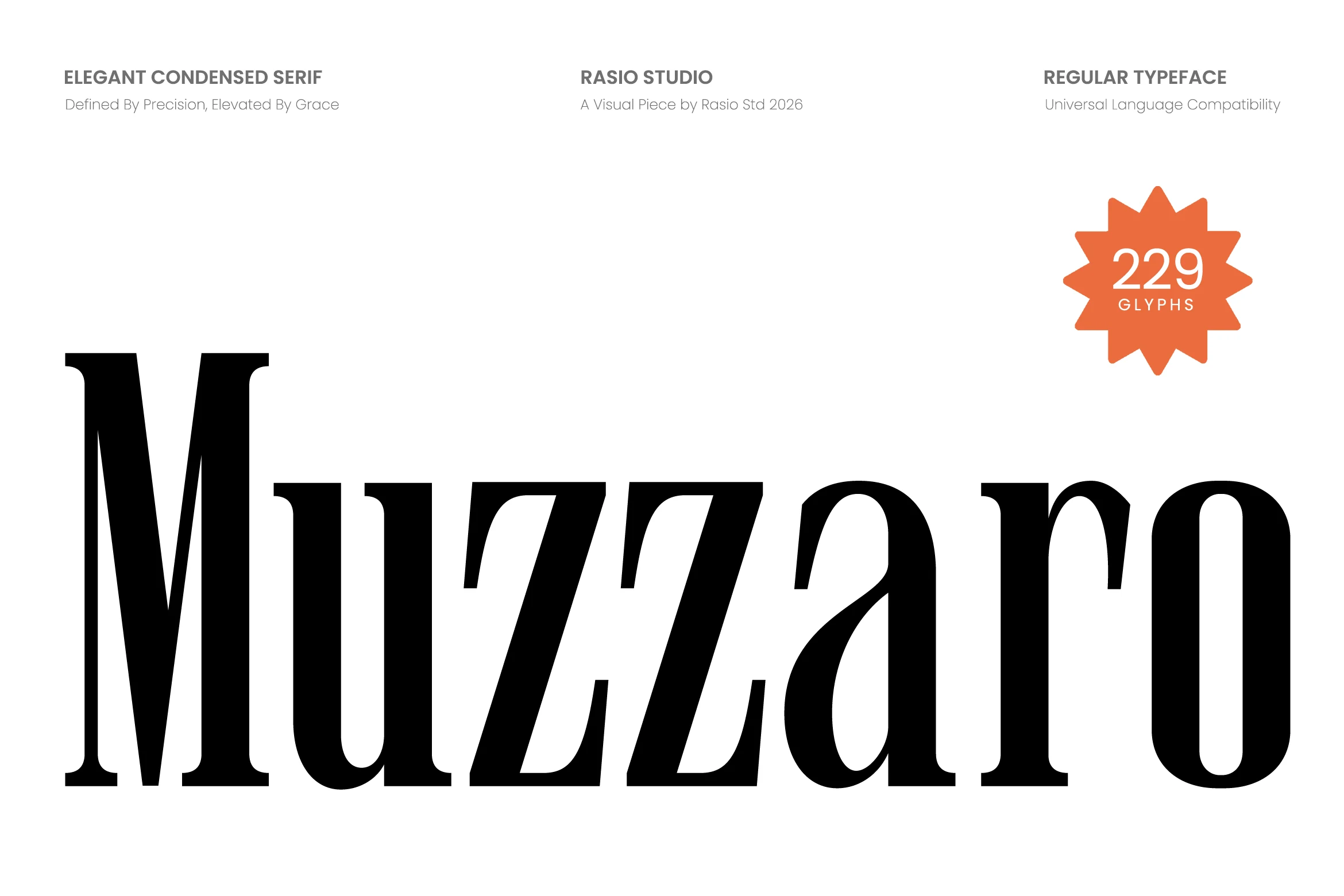 Muzzaro Font preview with bold condensed serif lettering and sharp high-contrast curves