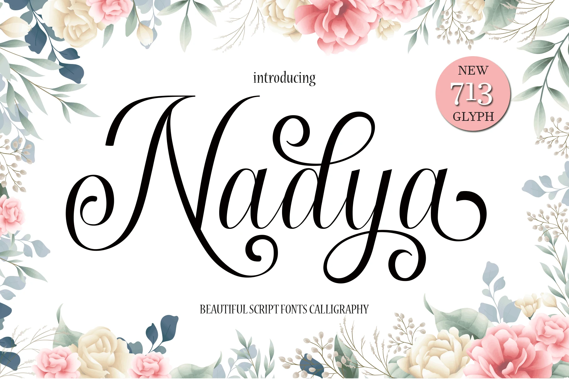 Nadya Font shown in a connected, high-contrast script with rounded loops and decorative swashes.