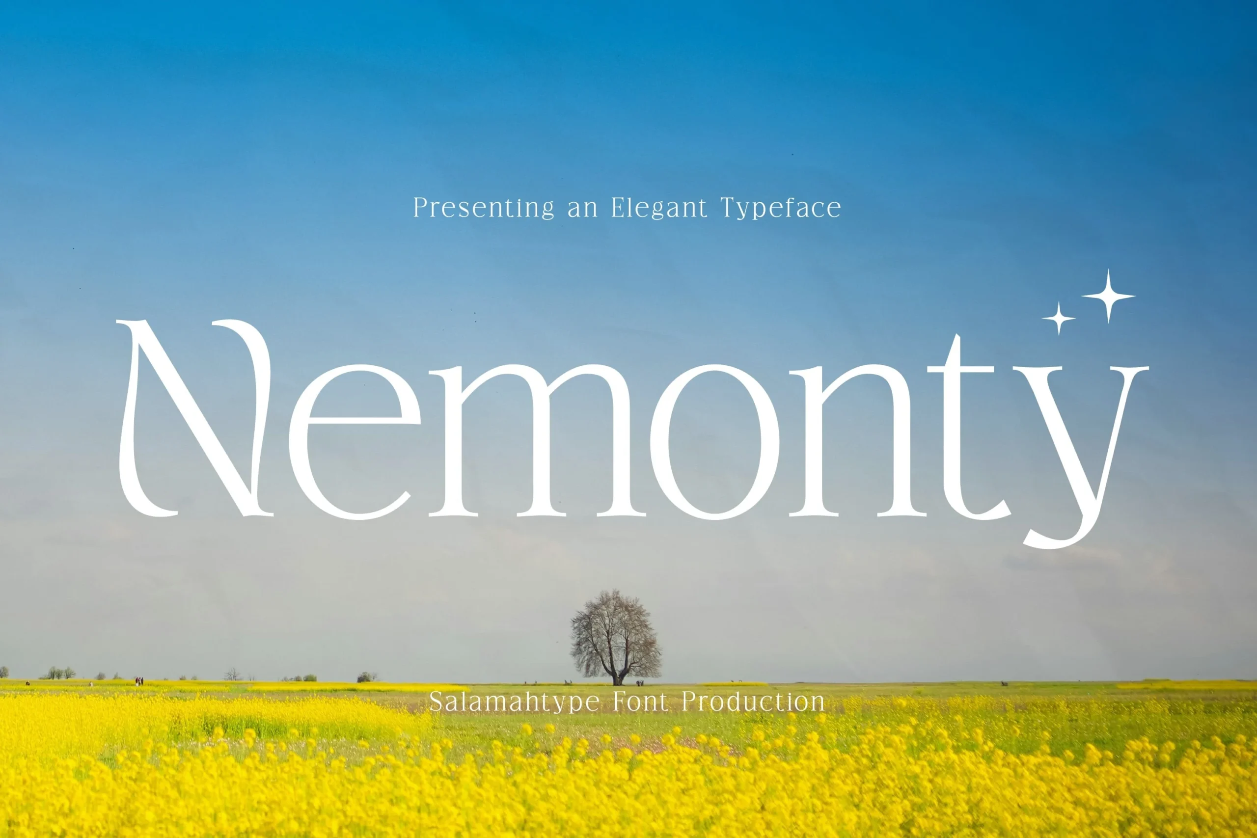 Nemonty Font preview with thin white serif lettering and minimalist elegant shapes