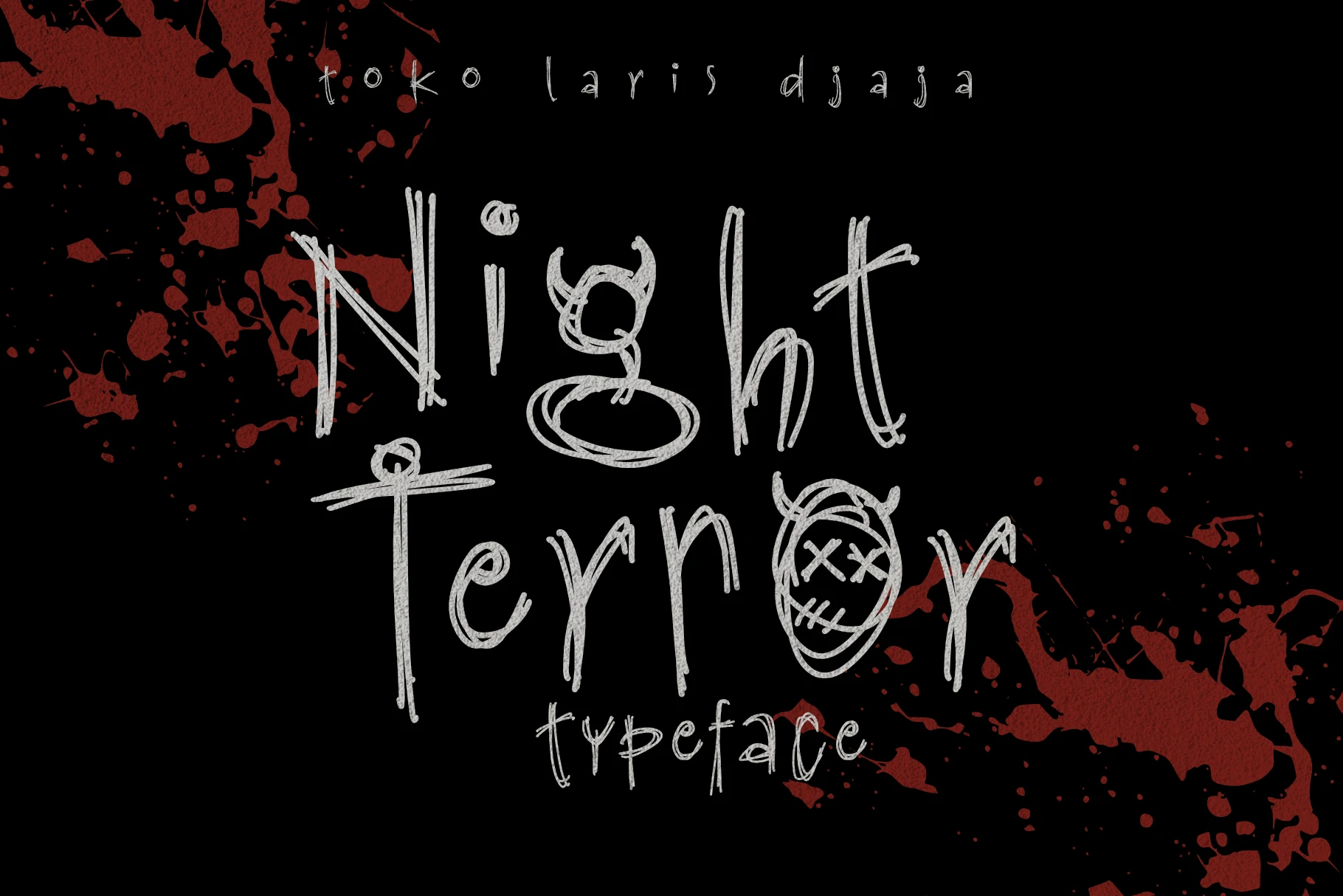 Night Terror Font with scratchy uneven strokes, irregular letterforms, and horror-themed horn and stitch embellishments.
