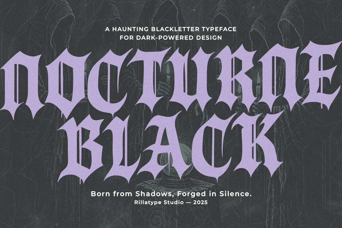 Nocturne Black Font featuring Pointed, sharp terminals and Angular, geometric construction