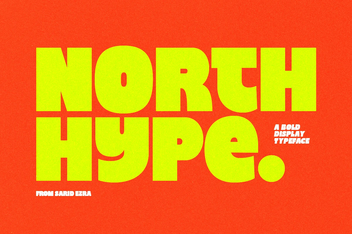 North Hype Font preview with chunky lime-green display lettering on an orange background