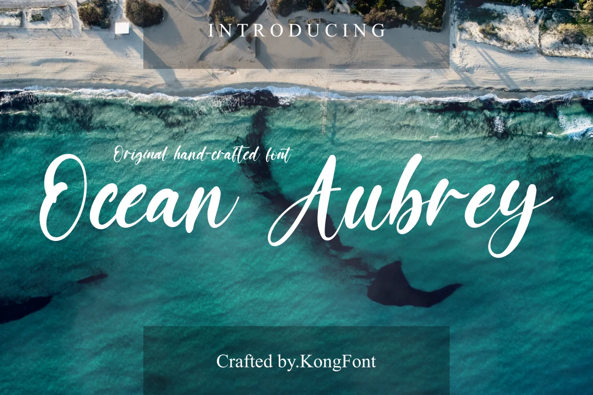 Ocean Aubrey Font preview with white handwritten script, thick rounded strokes, and long swashes