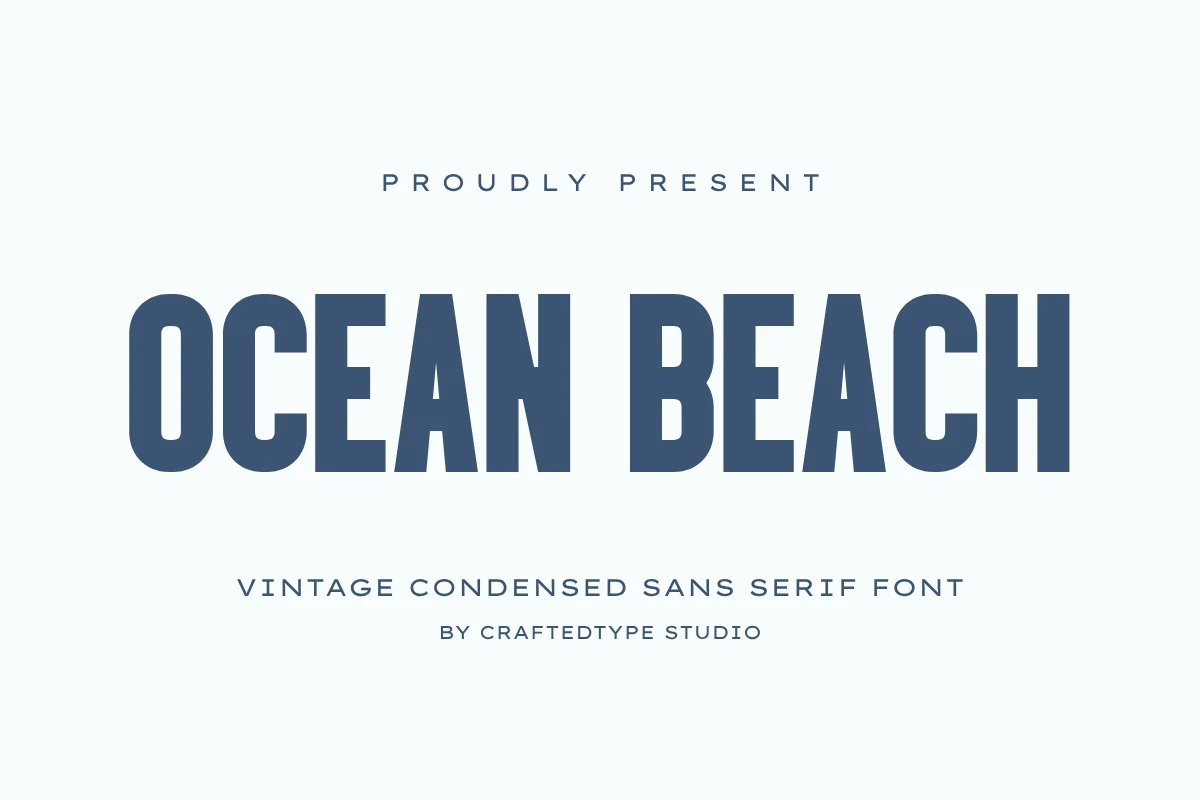 Ocean Beach Font preview in bold blue condensed sans serif lettering on a light gray background