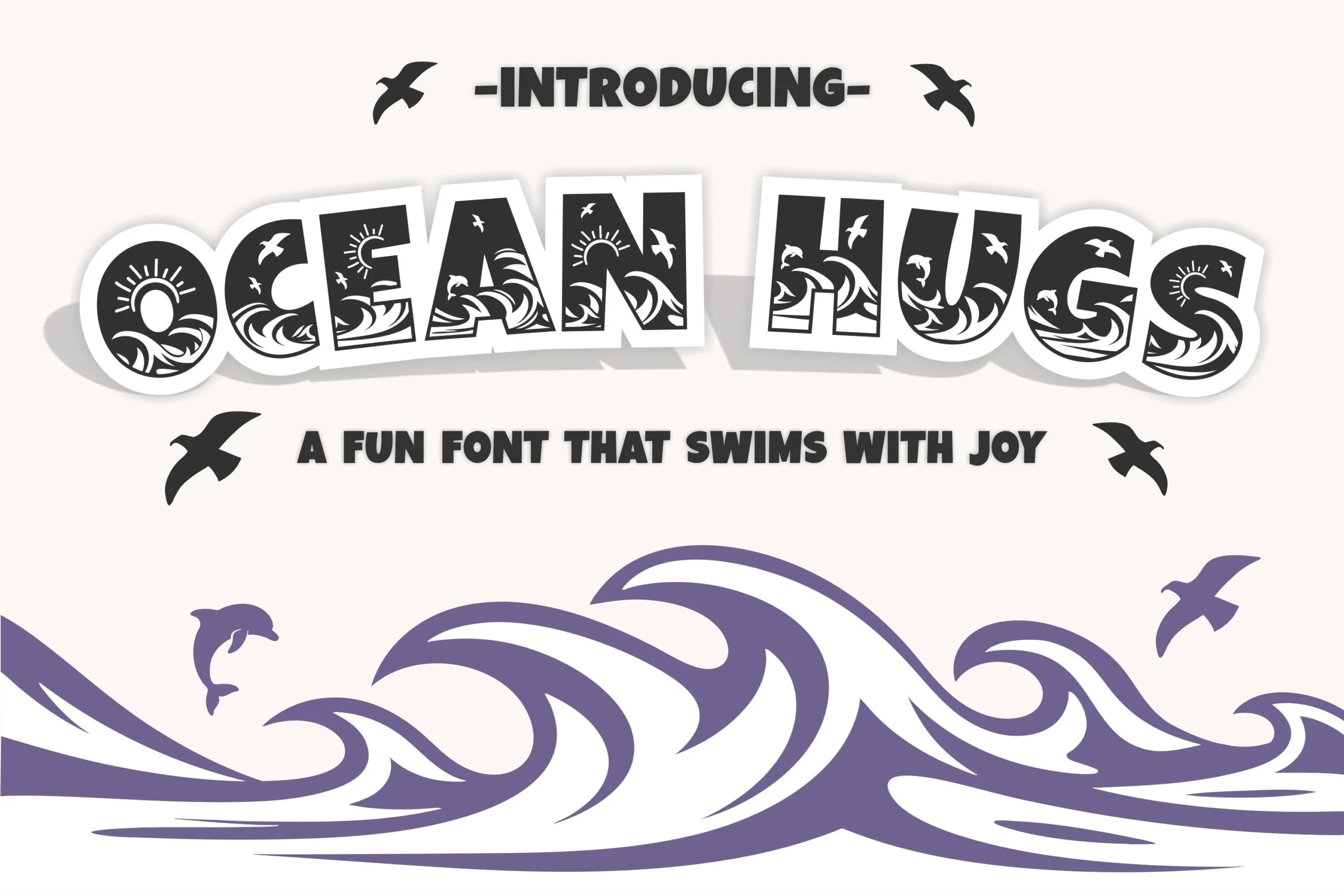 Ocean Hugs Font preview with playful bold letters filled with wave, bird, and sun illustrations