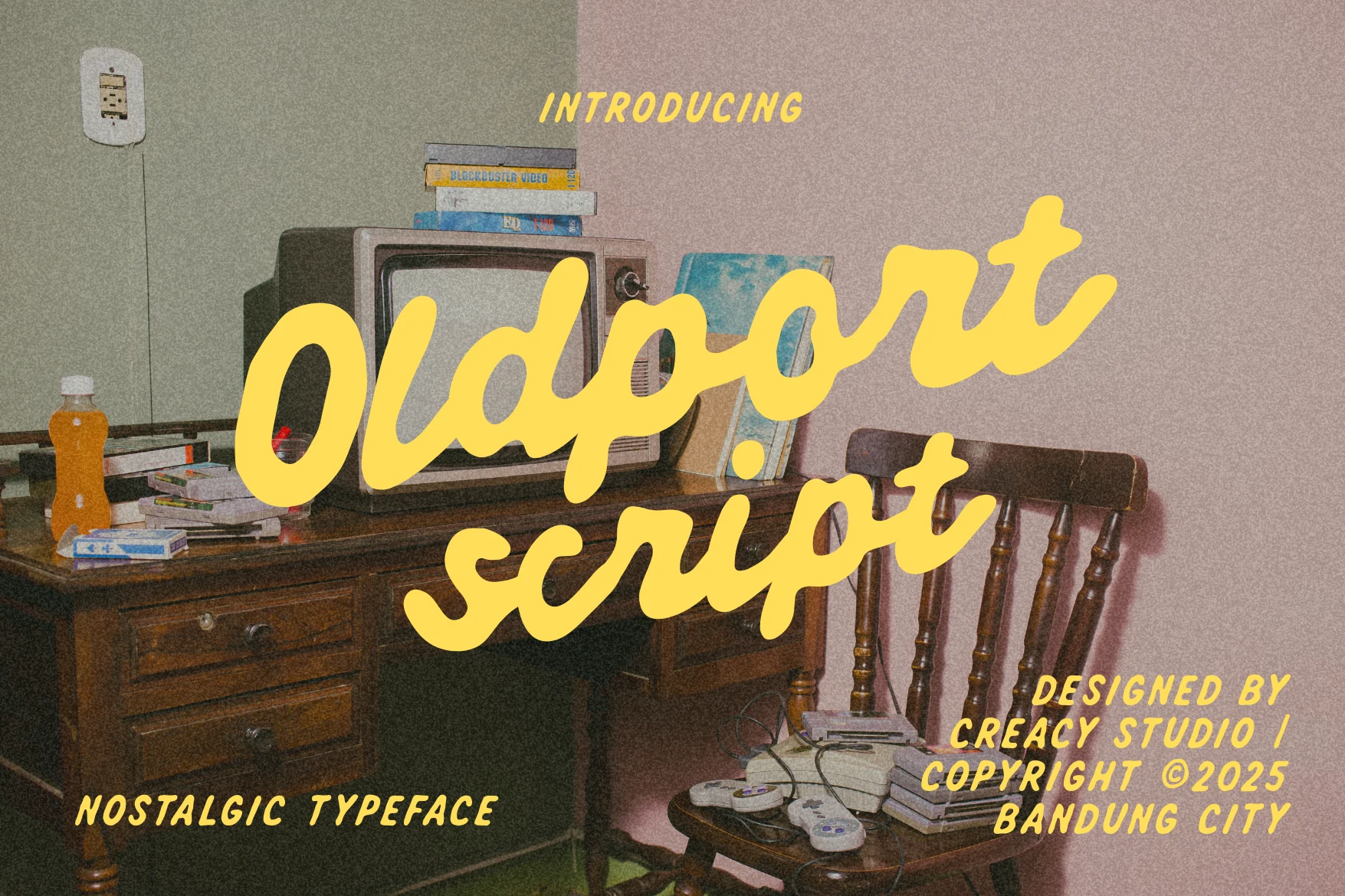 Oldport Script Font preview with chunky yellow handwritten script lettering in a nostalgic retro style