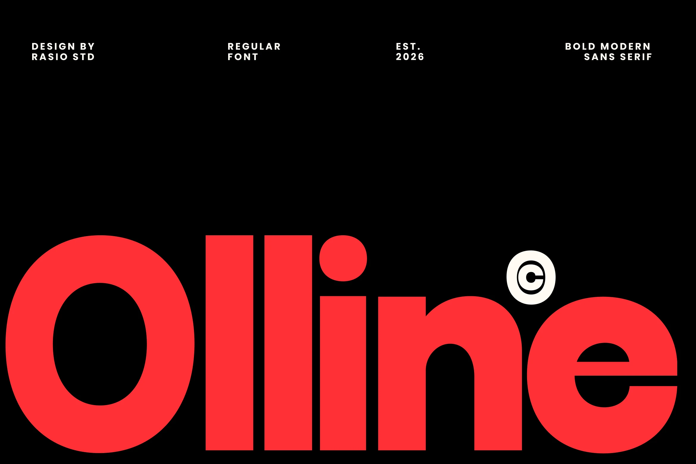 Olline Font preview with bold red geometric sans serif lettering and thick rounded lowercase forms