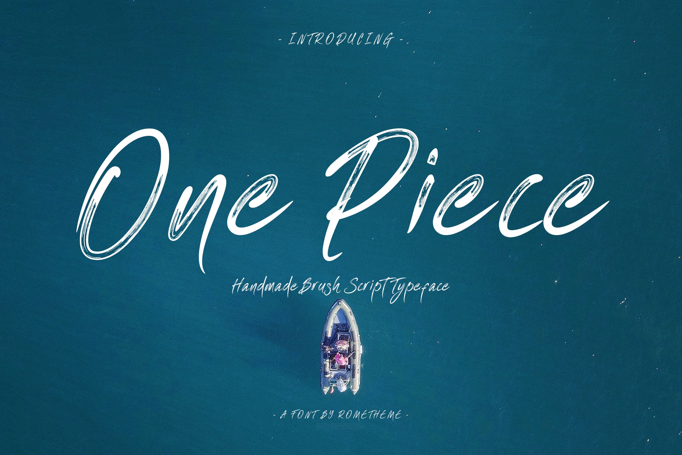 One Piece Font preview with white brush script lettering, looped capitals, and streaked texture