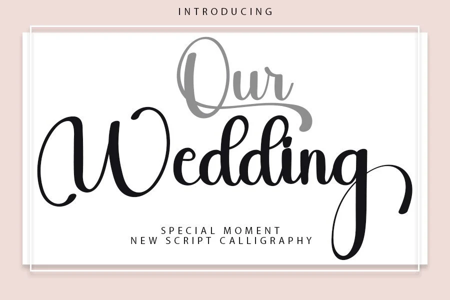 Our Wedding Font preview with elegant script lettering, looping capitals, and sweeping swashes