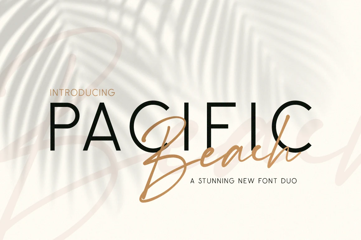 Pacific Beach Font preview with black uppercase sans lettering and warm beige script overlay in an elegant font duo
