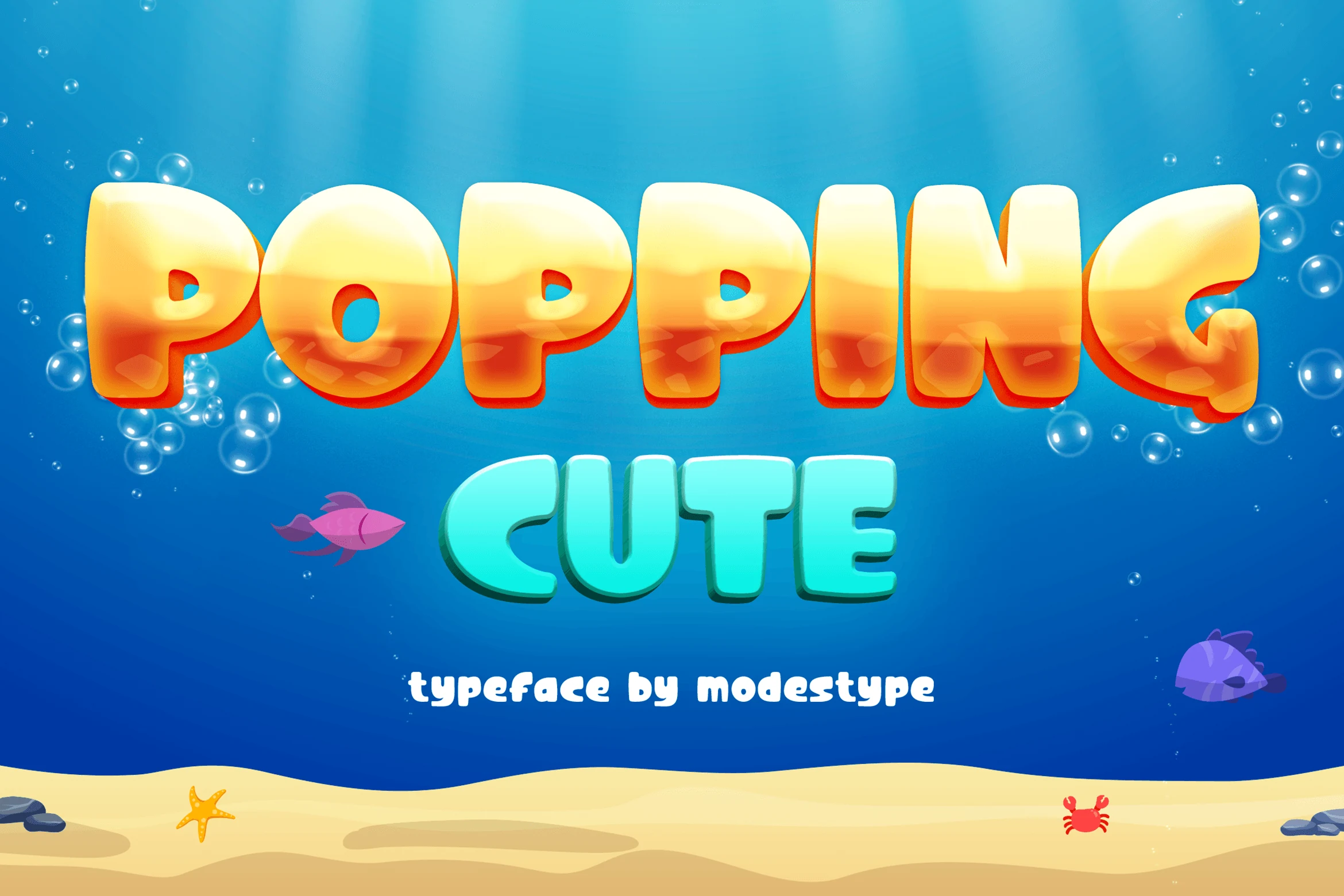 Popping Cute Font shown in bold, wide bubble lettering with rounded corners and a soft 3D effect.
