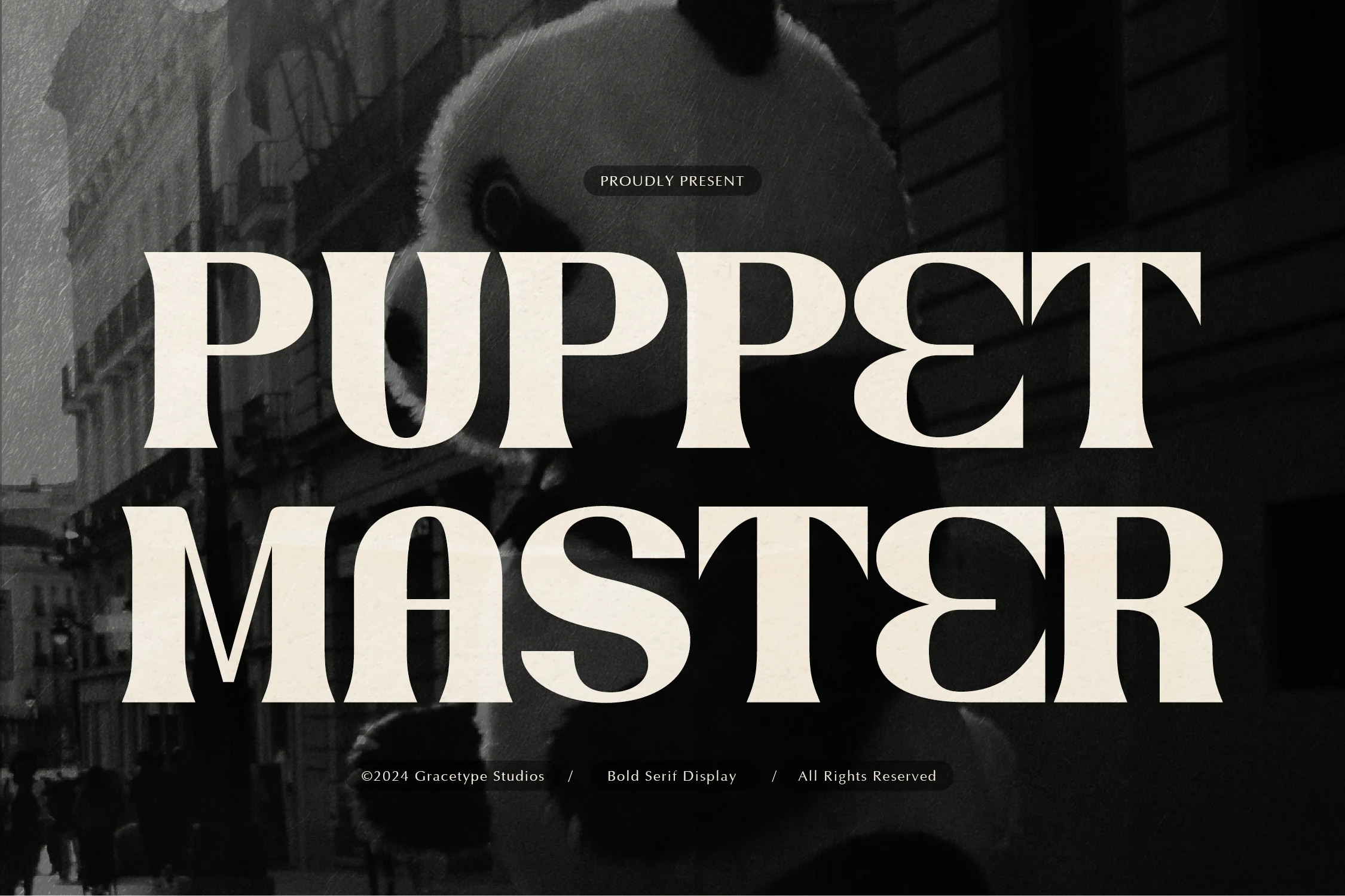 Puppet Master Font preview with bold high-contrast serif lettering and dramatic vintage display shapes