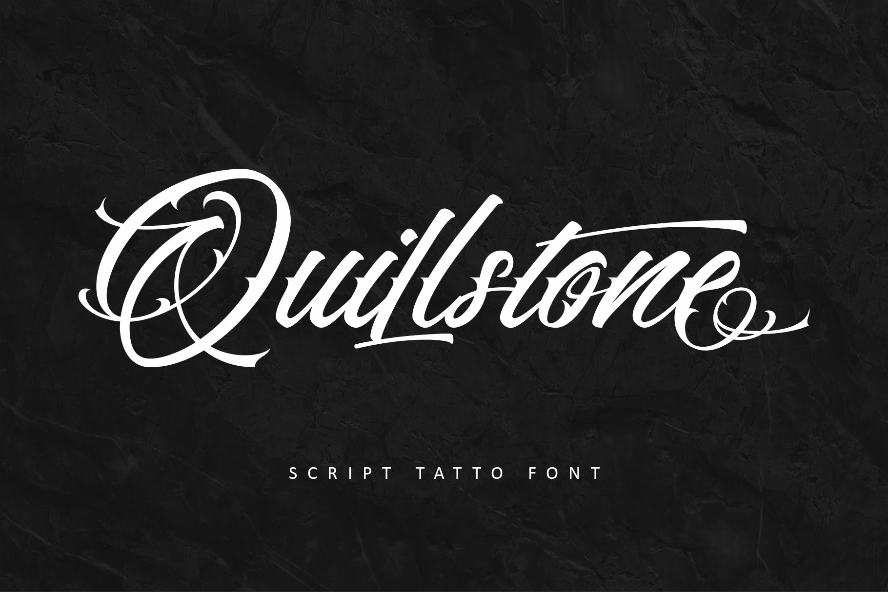 Quillstone Font showing an ornate connected script with high stroke contrast, dramatic swashes, and an angled italic slant.