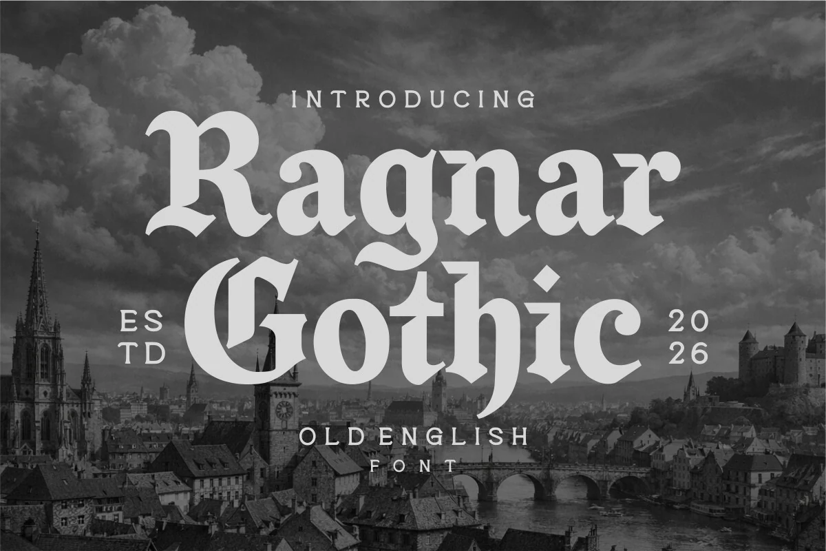 Ragnar Gothic Font displayed in ornate blackletter letters with thick vertical strokes, high contrast, and pointed angular terminals.