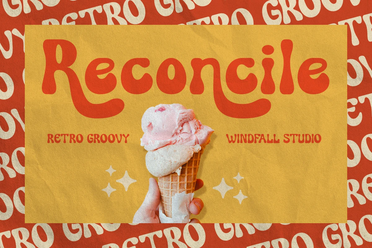 Reconcile Font preview with rounded retro groovy red lettering and chunky curves