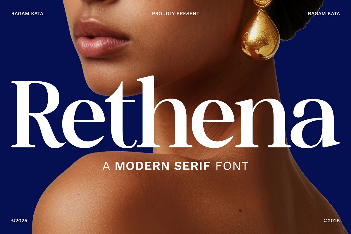 Rethena Font preview with bold white high-contrast serif lettering on a deep blue beauty poster