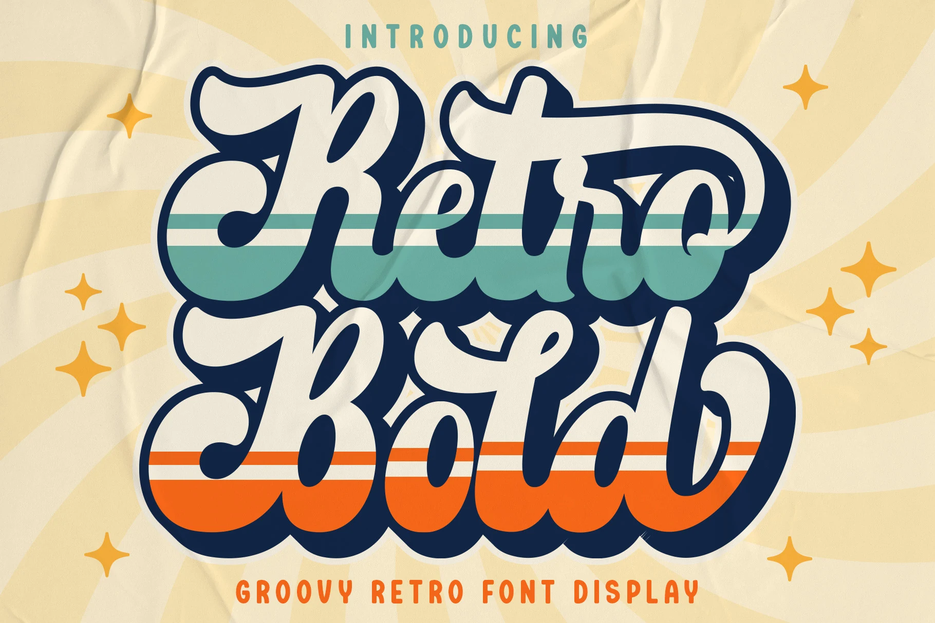 Retro Bold Font preview with chunky retro script lettering, thick swashes, and bold navy outlines
