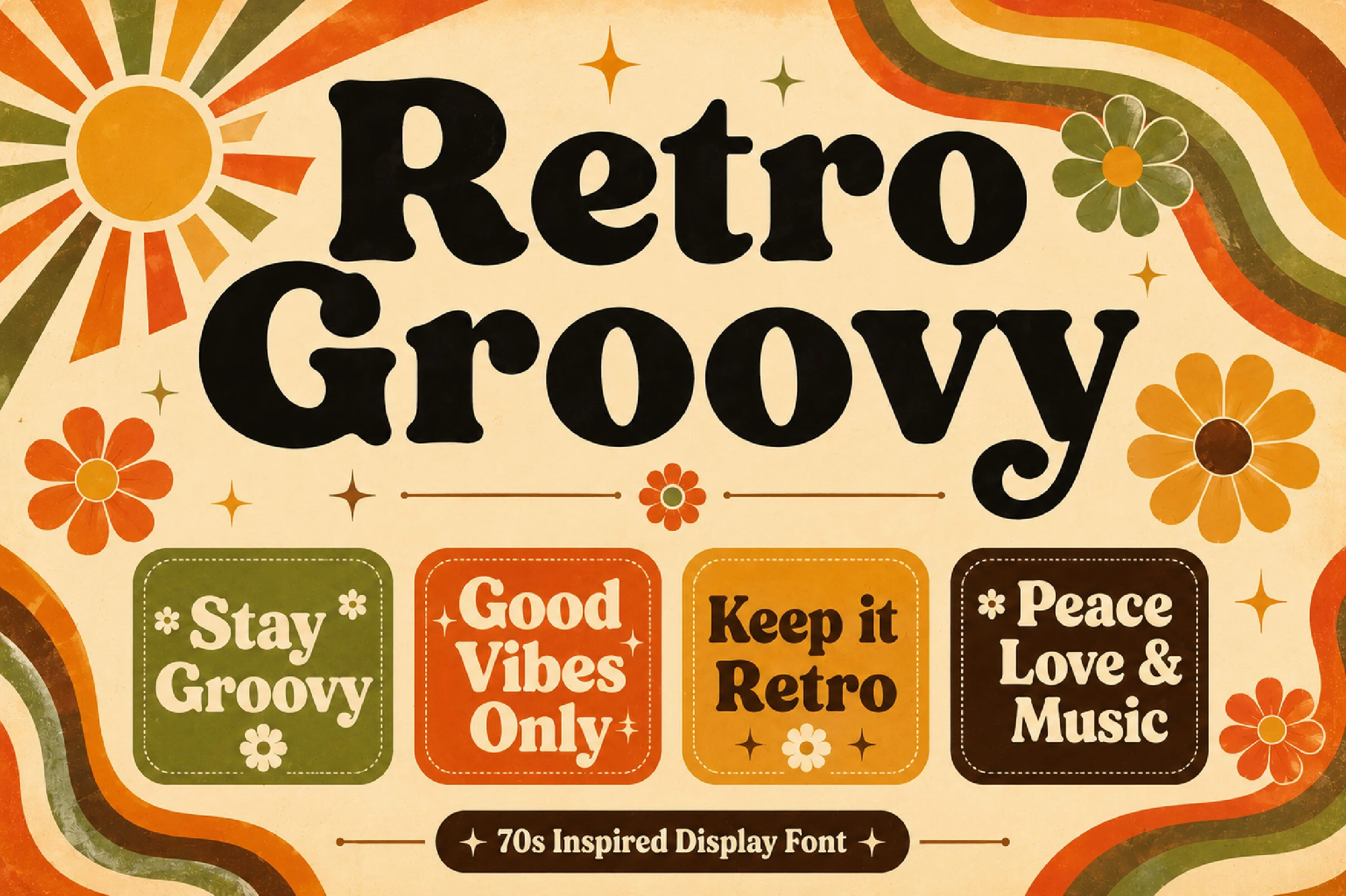 Retro Groovy Font featuring bold 1970s-inspired serif lettering with rounded terminals, bulbous curves, and high stroke contrast.
