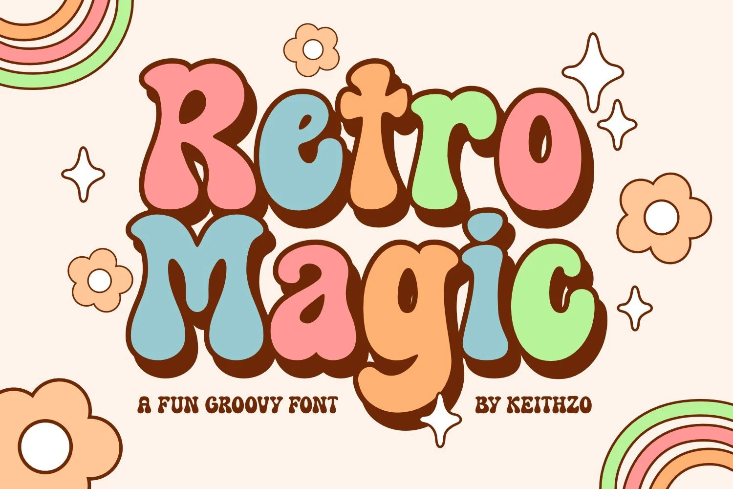 Retro Magic Font is a heavy bubble-style display font with thick rounded letters, exaggerated curves, and soft terminals.