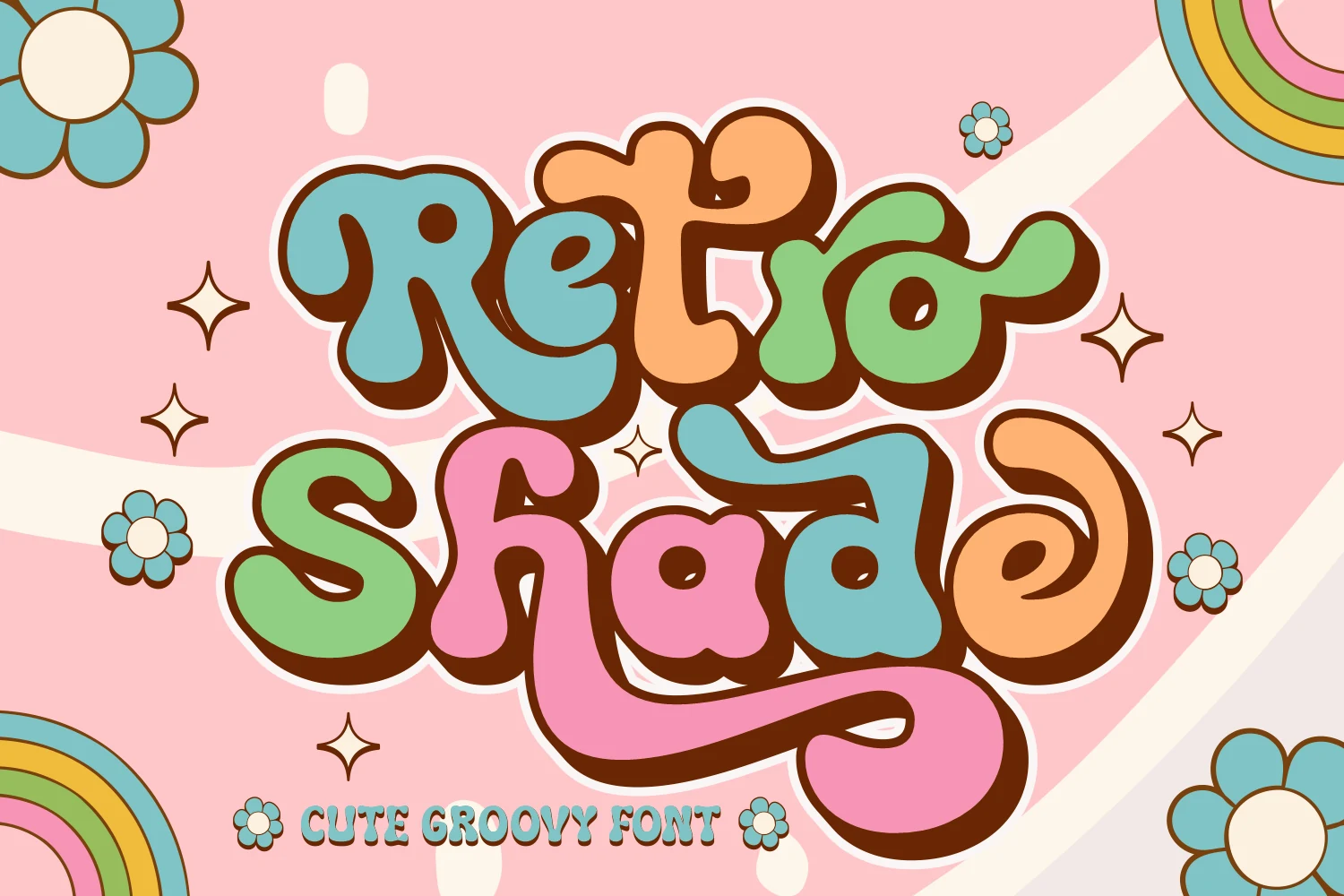 Retro Shade Font is a heavy bubble-style display typeface with rounded terminals, connected strokes, and flowing decorative swashes.