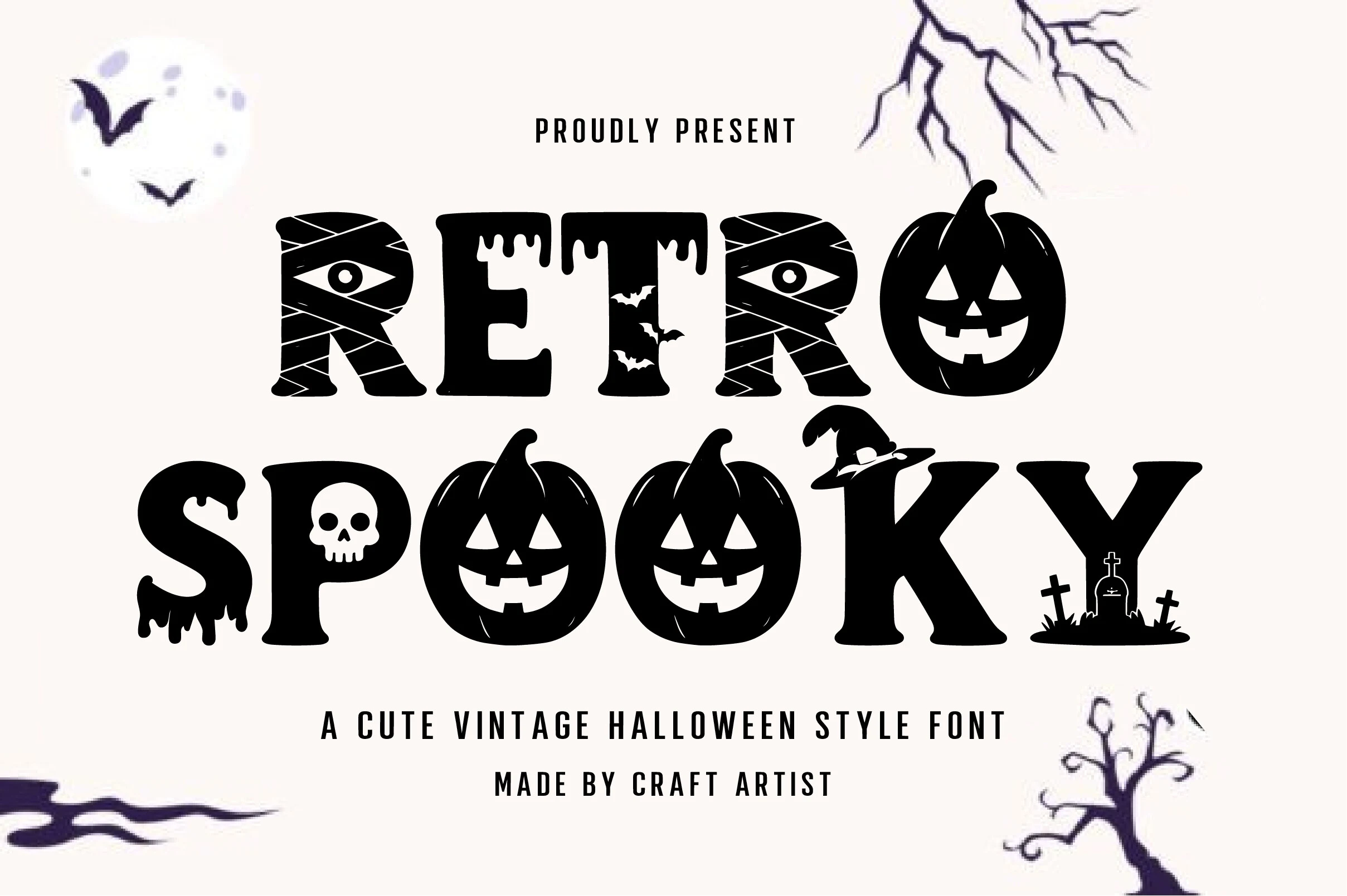 Retro Spooky Font with chunky bold letters containing Halloween illustrations such as pumpkins, skulls, and mummy details.