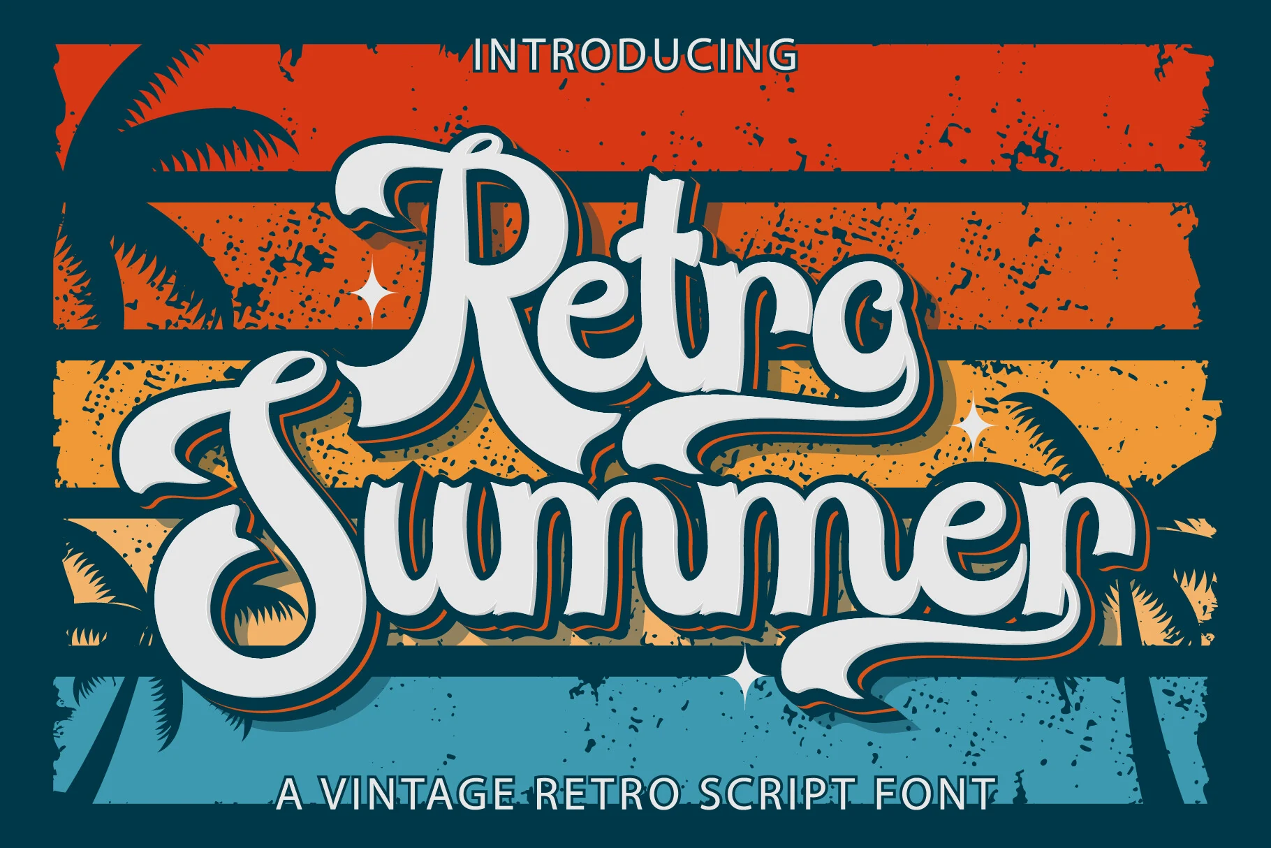 Retro Summer Font preview with bold vintage script lettering and wide swashes