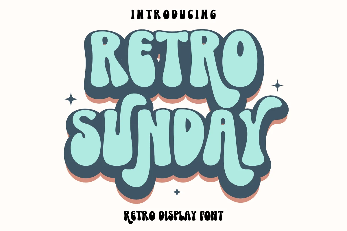 Retro Sunday Font is a bold display font with wavy rounded letterforms, exaggerated curves, and dimensional drop shadows.