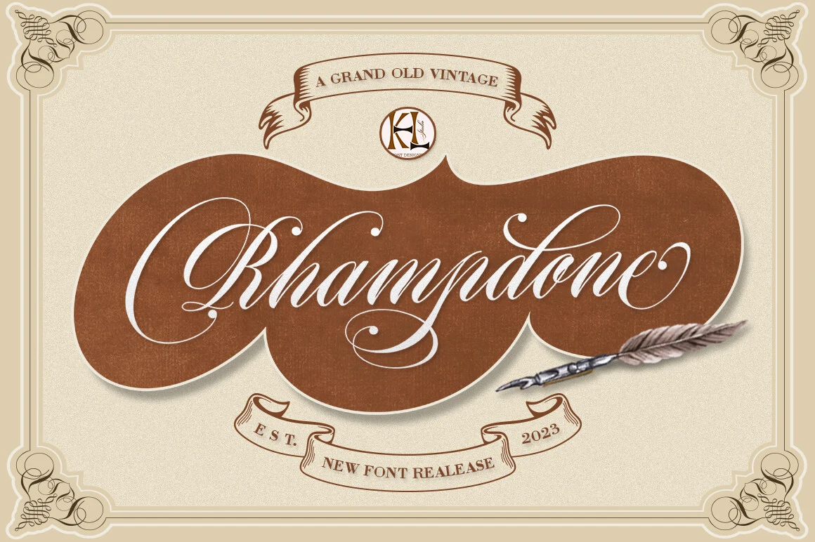 Rhampdone Font is a decorative calligraphic script with a strong rightward slant, high stroke contrast, and elaborate flourishes.