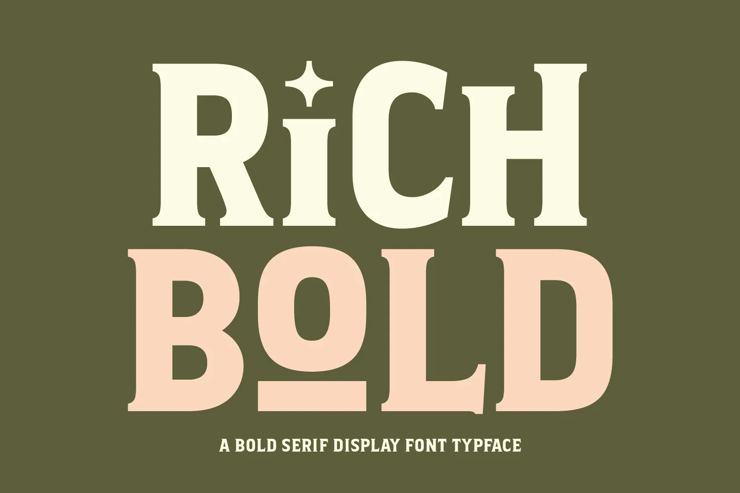 Rich Bold Font features wide, high-contrast letterforms, bracketed serifs, and a star detail integrated into the letter i.