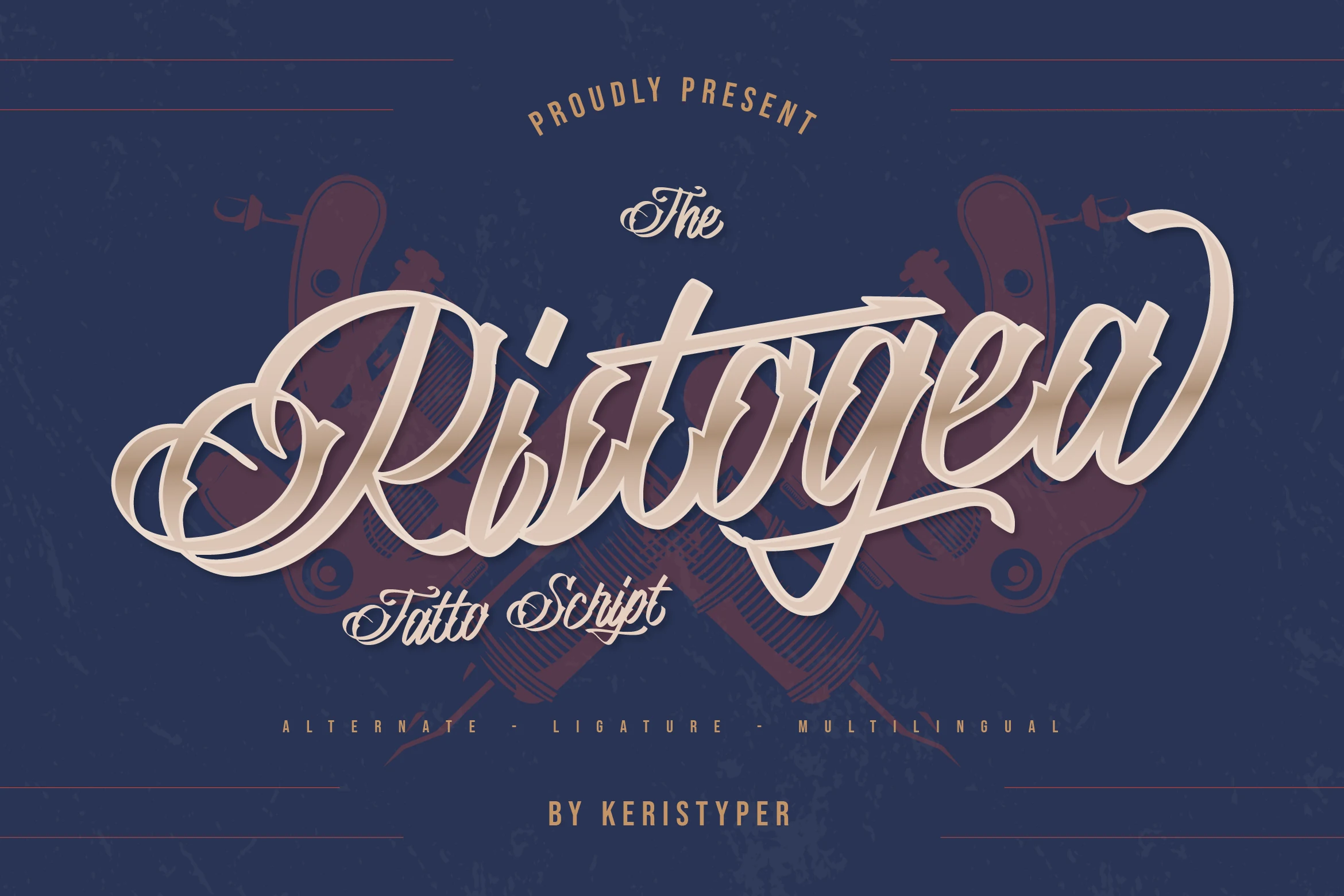 Ristogea Font is a bold display script with high-contrast strokes, connected cursive forms, sweeping flourishes, and a rightward slant.