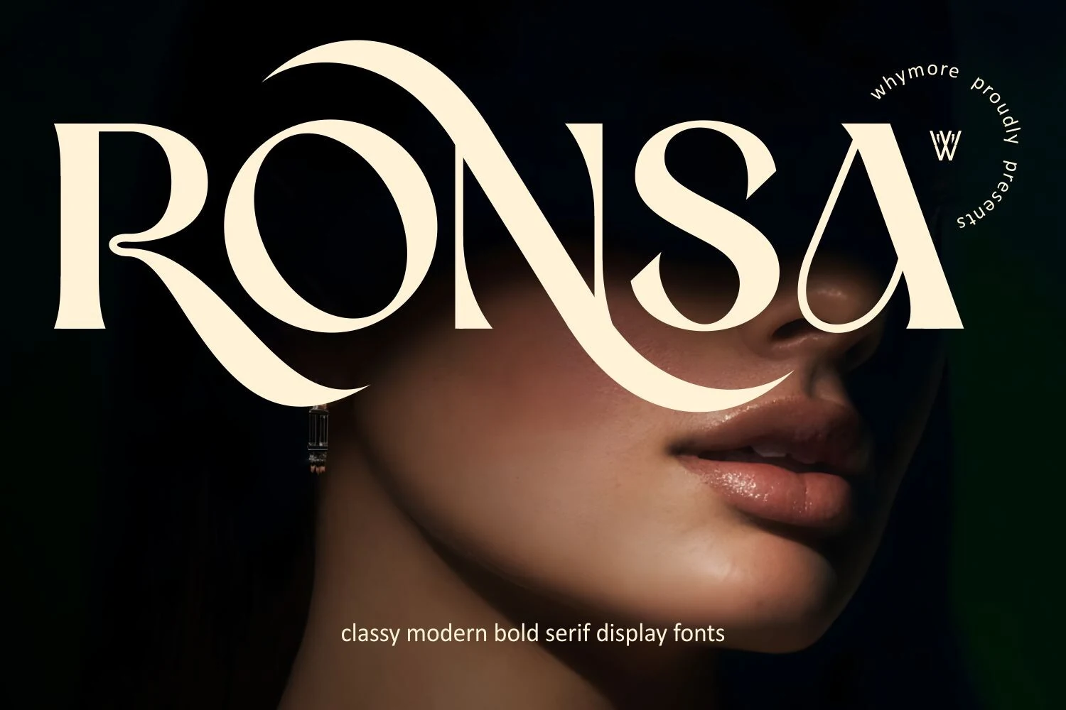 Ronsa Font preview with bold high-contrast serif lettering over a dark beauty portrait