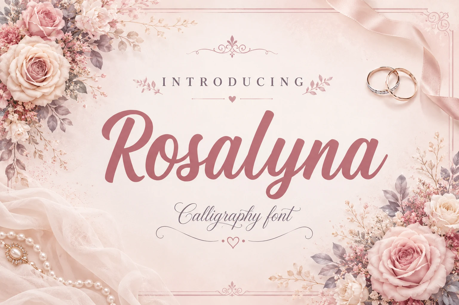 Rosalyna Font preview in dusty rose handwritten script with smooth connected strokes and romantic calligraphy styling