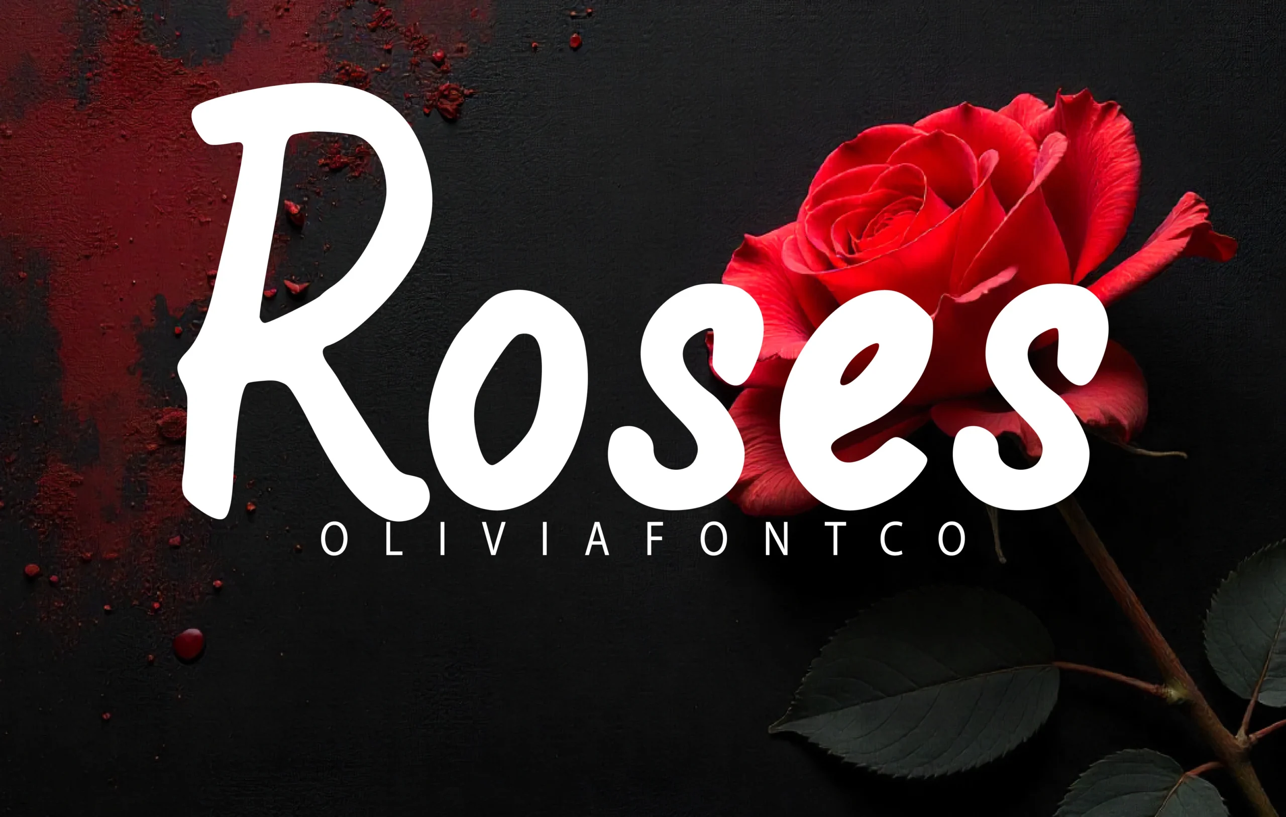 Roses Font preview with bold white handwritten script and rounded thick letterforms