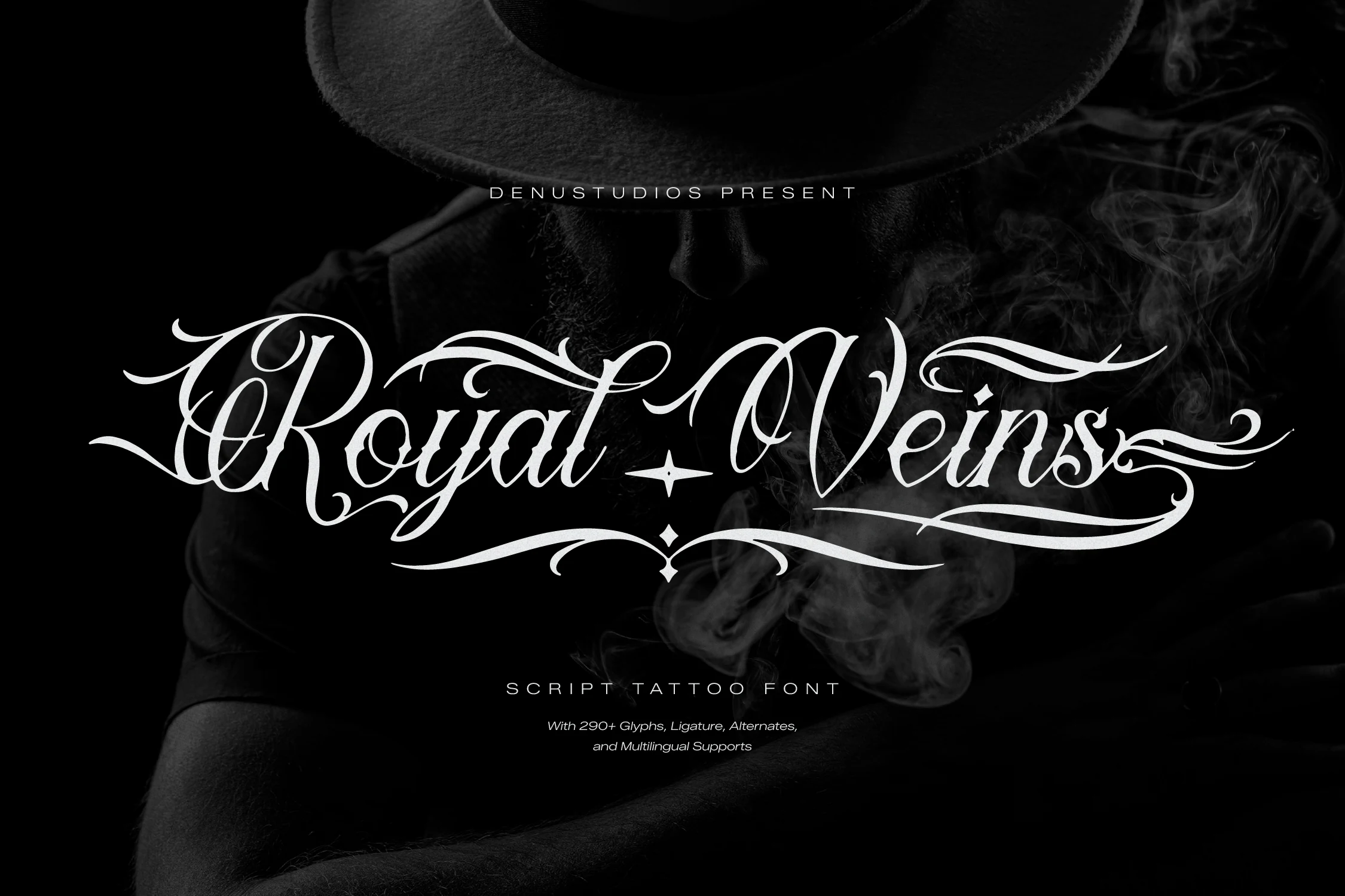Royal Veins Font featuring connected calligraphic letters, high stroke contrast, and extended pointed flourishes.