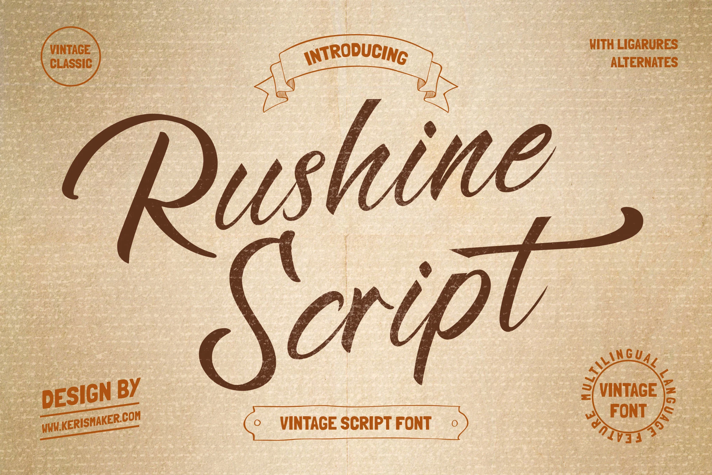 Rushine Font showing connected, right-slanted cursive lettering with high stroke contrast and extended decorative swashes.