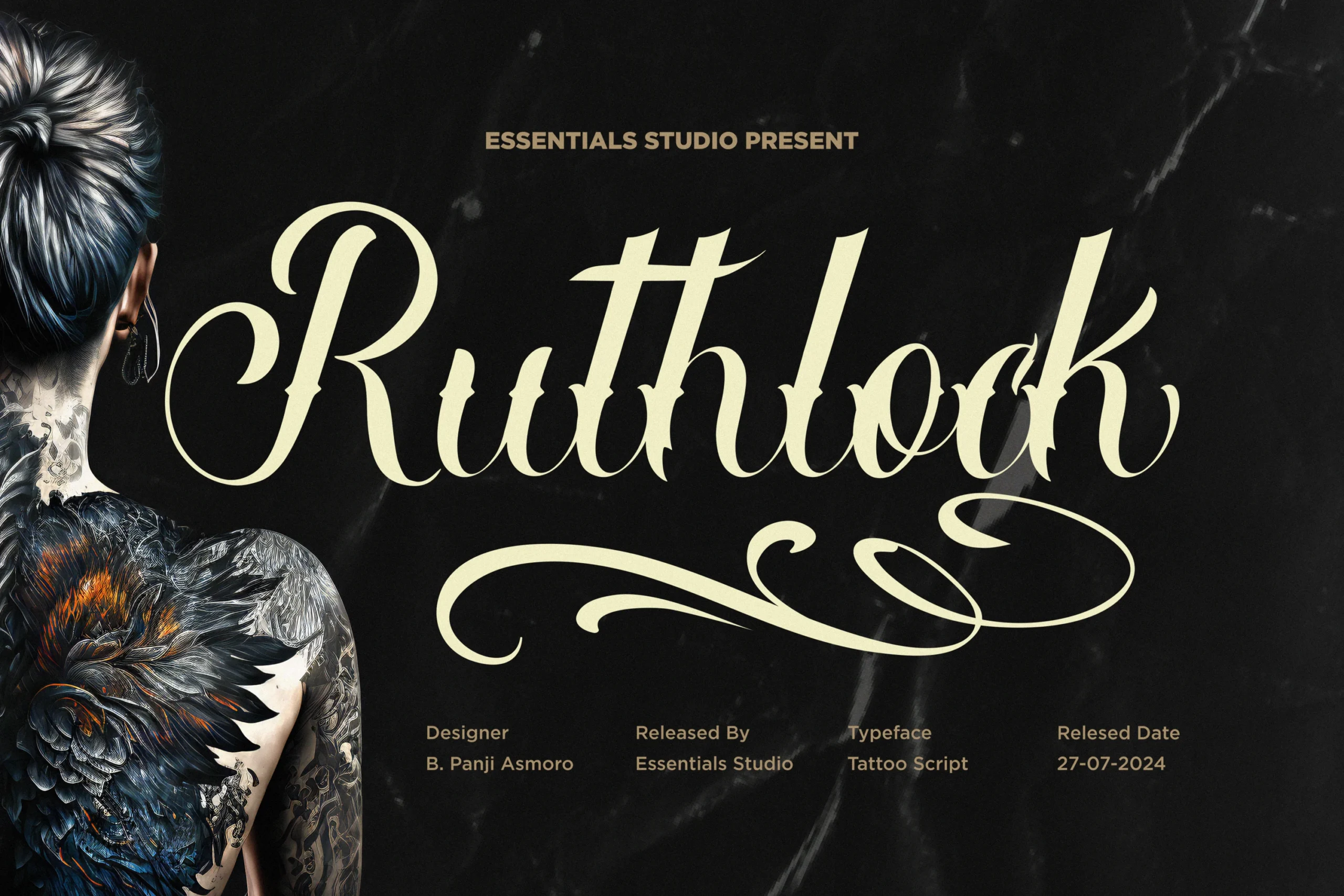 Ruthlock Font featuring bold connected calligraphic lettering with high contrast, decorative swashes, and sharp tapering terminals.