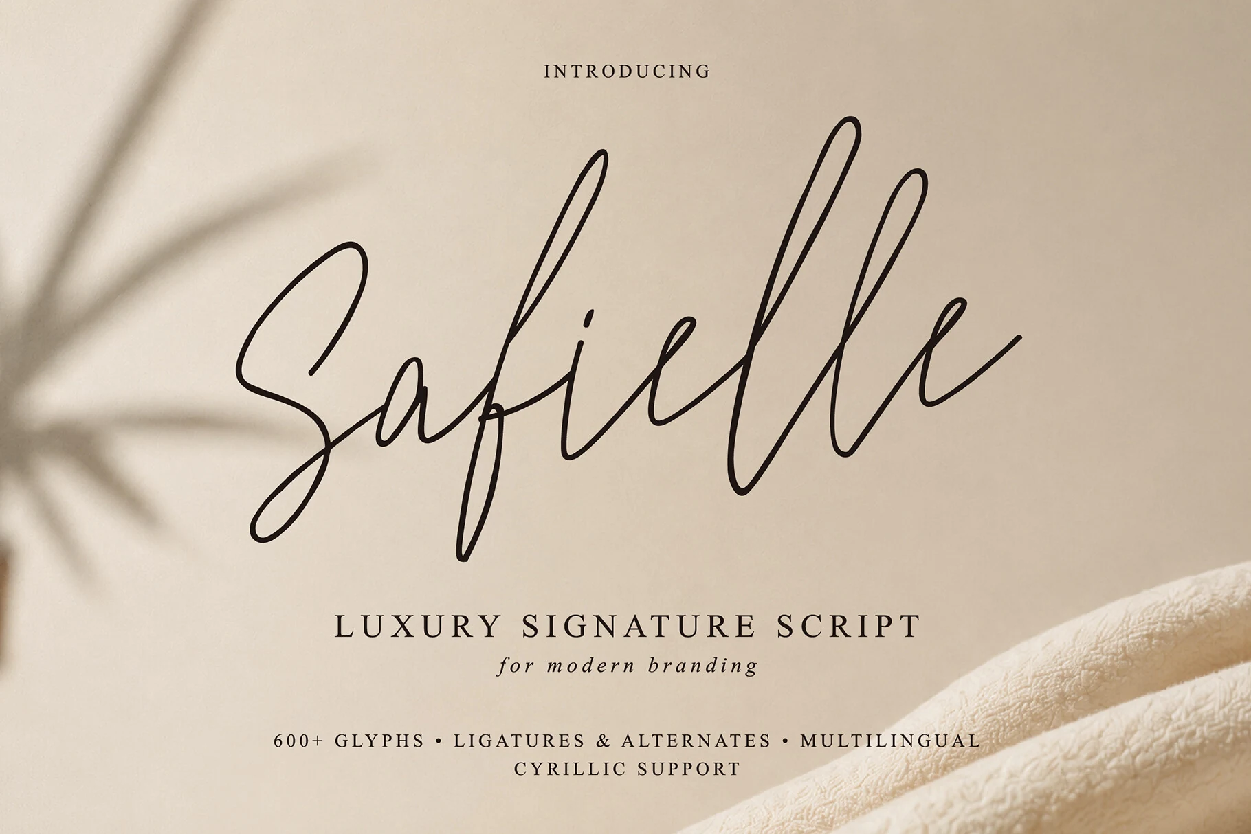 Safielle Font preview with thin luxury signature script, tall loops, and long flowing strokes