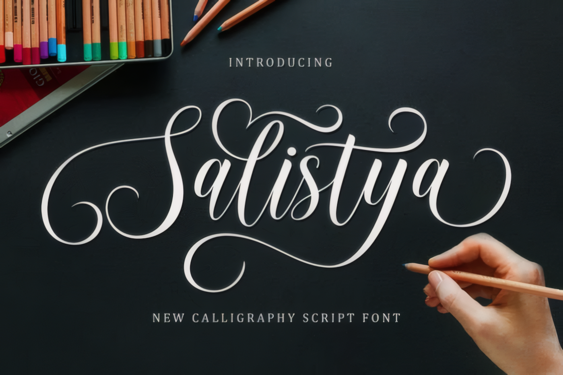 Salistya elegant handwritten script font preview with dramatic swashes on a dark stationery background.