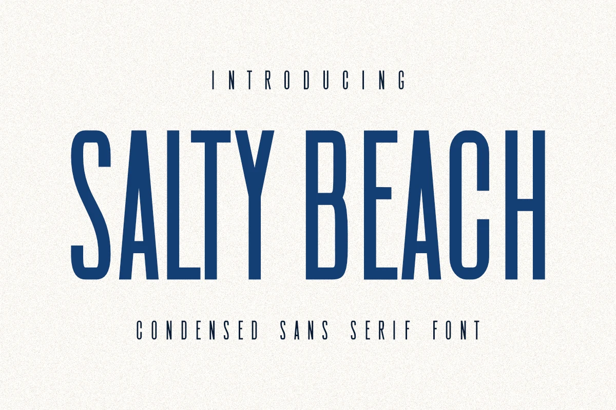 Salty Beach Font preview with tall blue condensed sans serif lettering on a light textured background