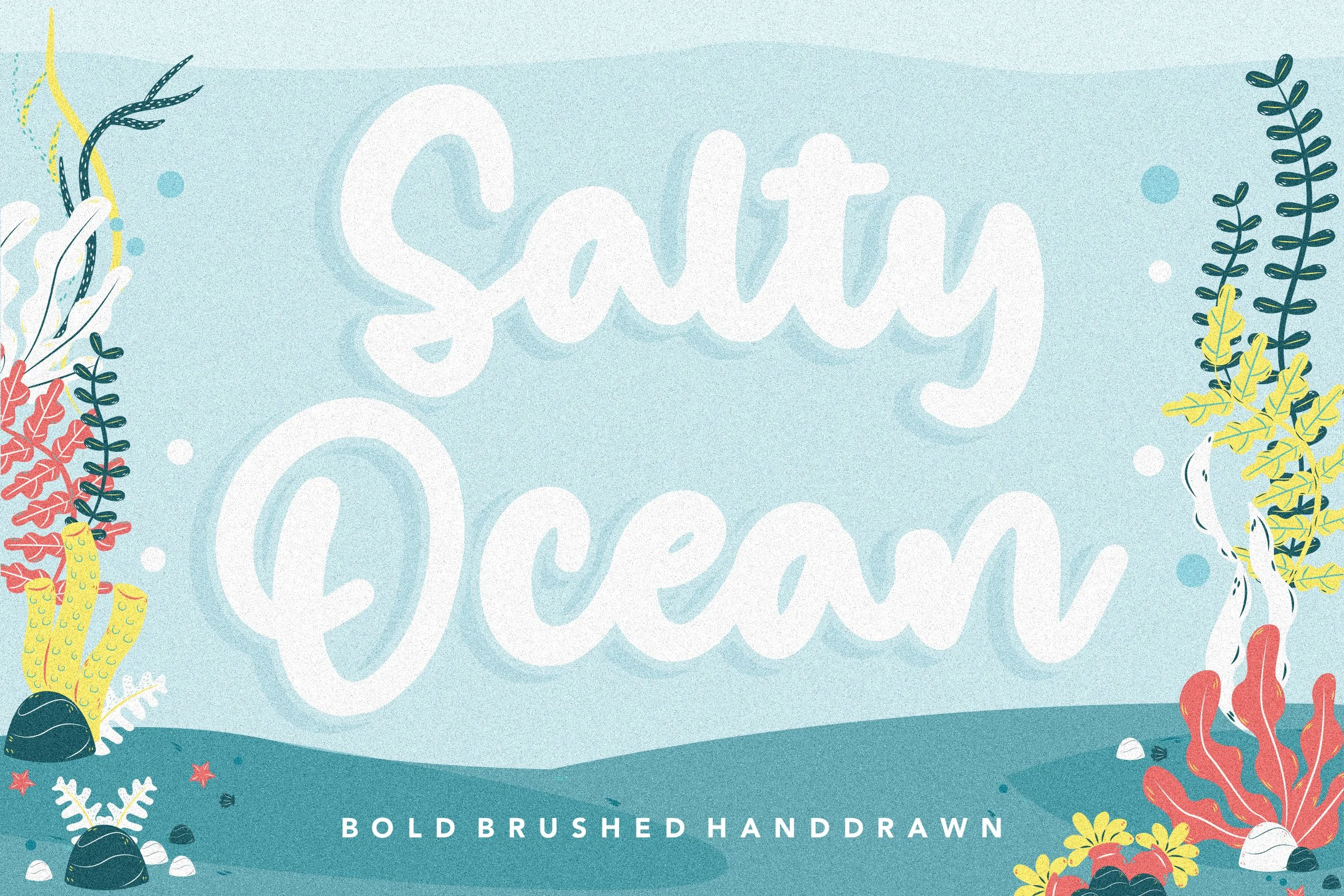 Salty Ocean Font preview with bold white hand-drawn script lettering and rounded brush strokes