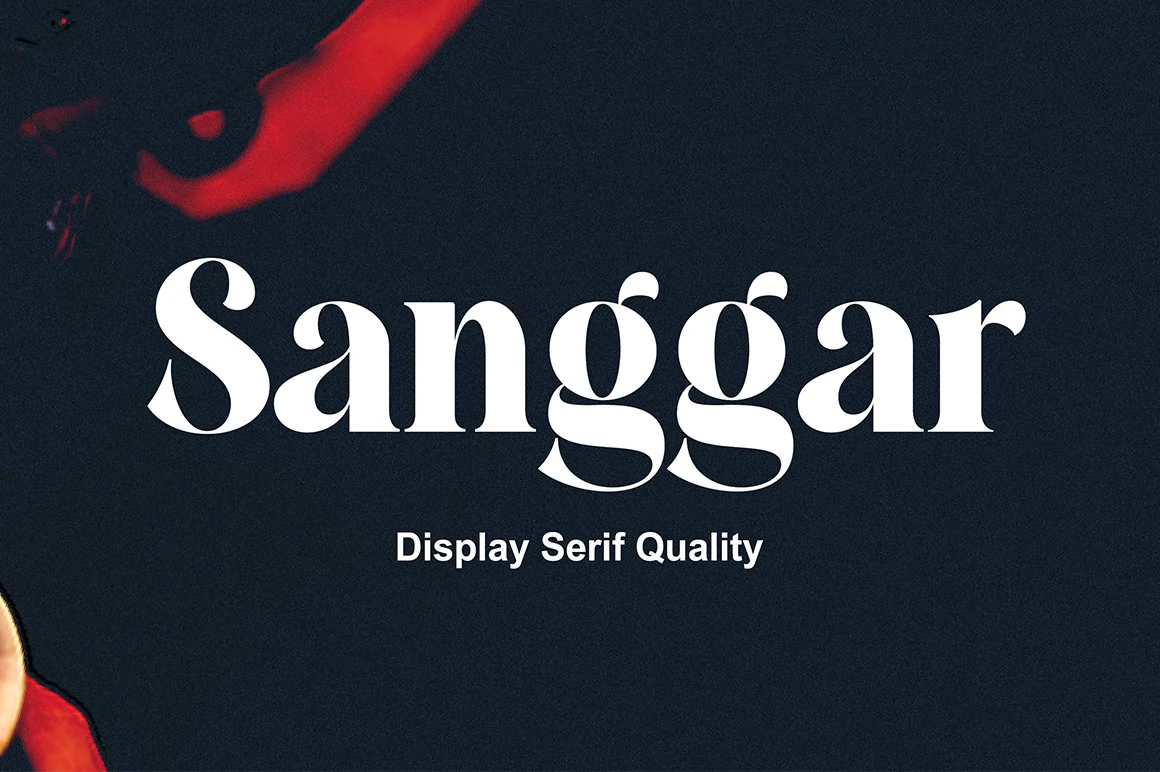 Sanggar Font preview with bold white serif lettering, rounded curves, and high-contrast display shapes