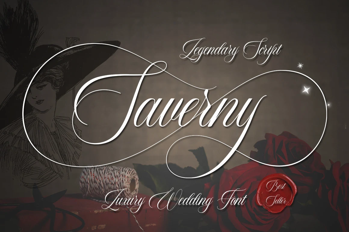 Saverny Font displayed as a high-contrast connected script with a rightward slant and large decorative swashes.