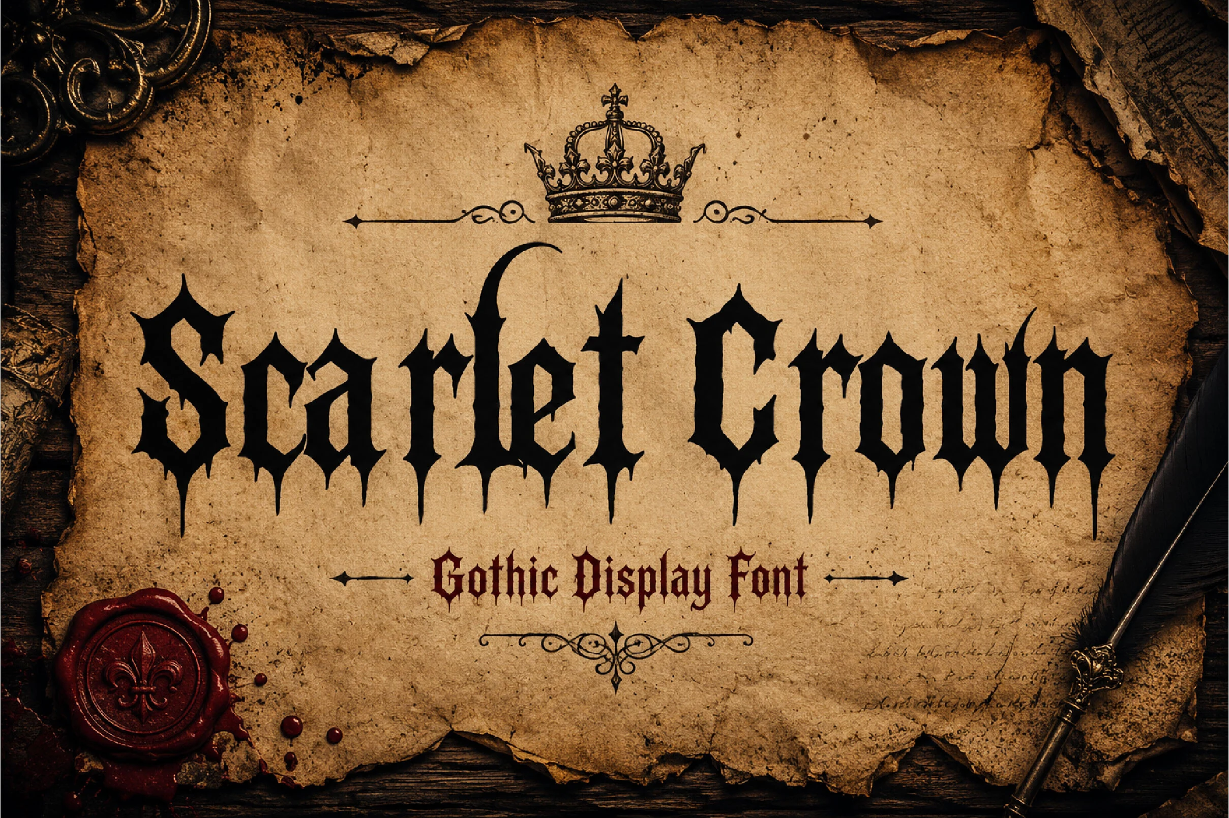 Scarlet Crown Font with heavy vertical strokes, narrow proportions, and sharp pointed terminals in an ornate blackletter style