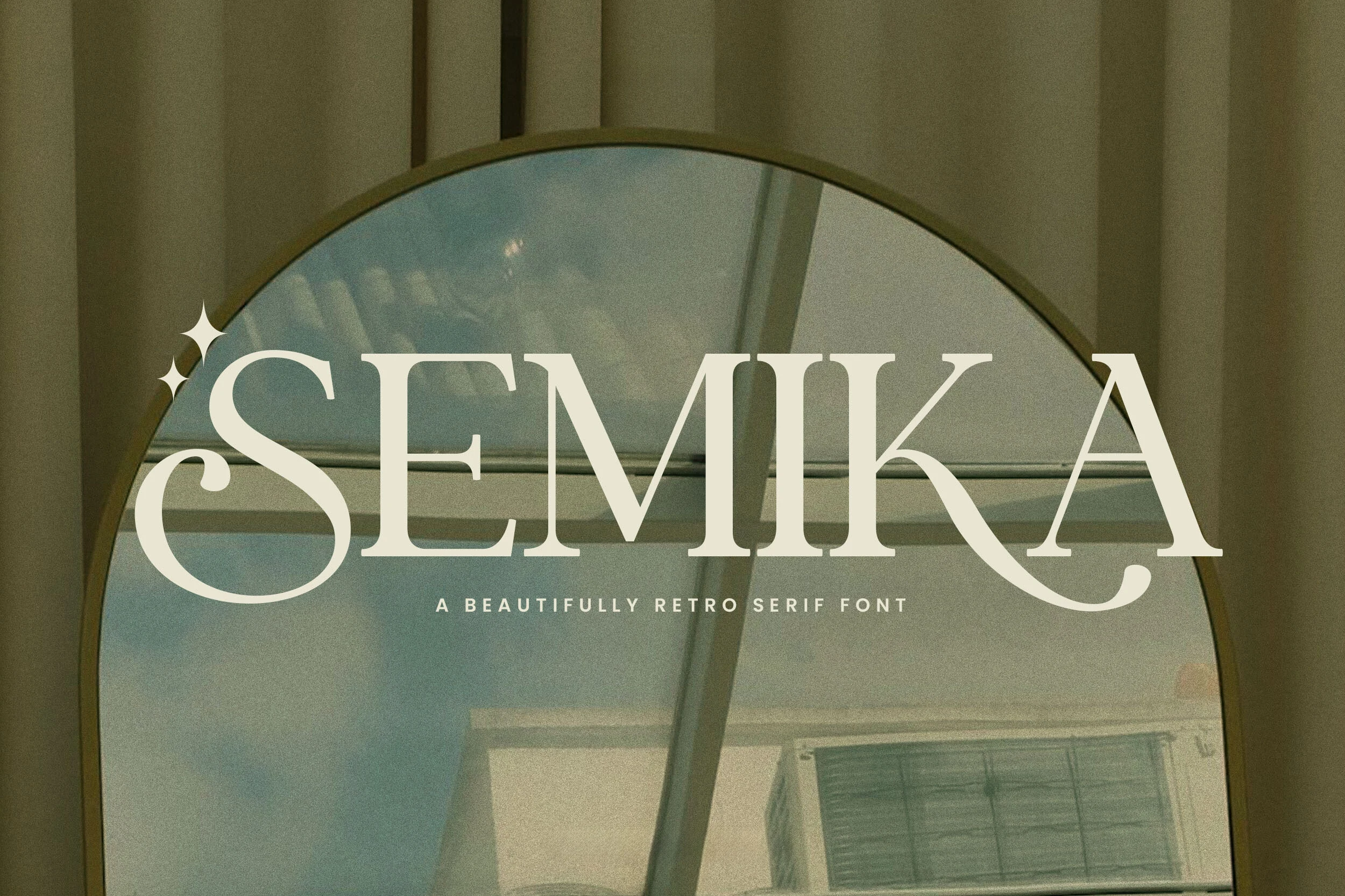 Semika Font featuring high-contrast serif forms, elongated terminal swashes, and a decorative star-shaped dot on the letter I.