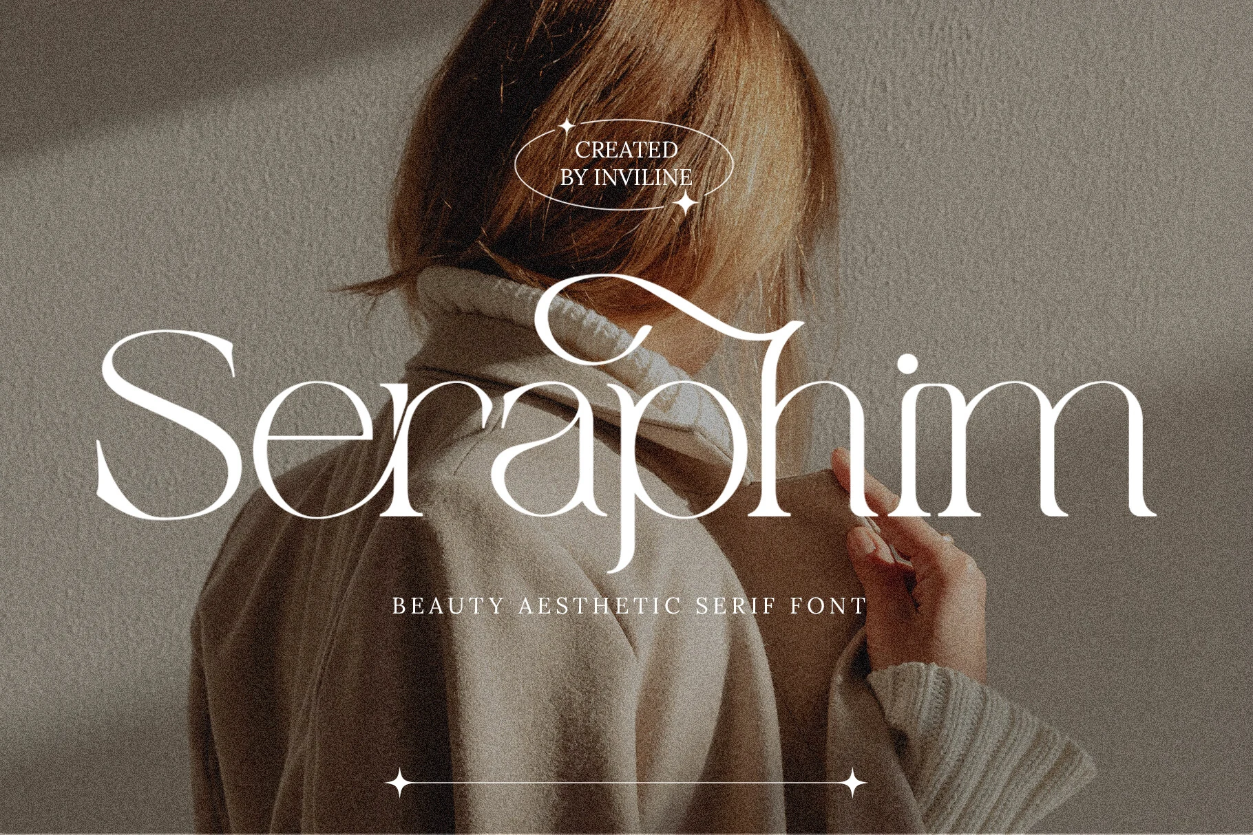 Seraphim Font preview with high-contrast white serif lettering and graceful curves for beauty branding