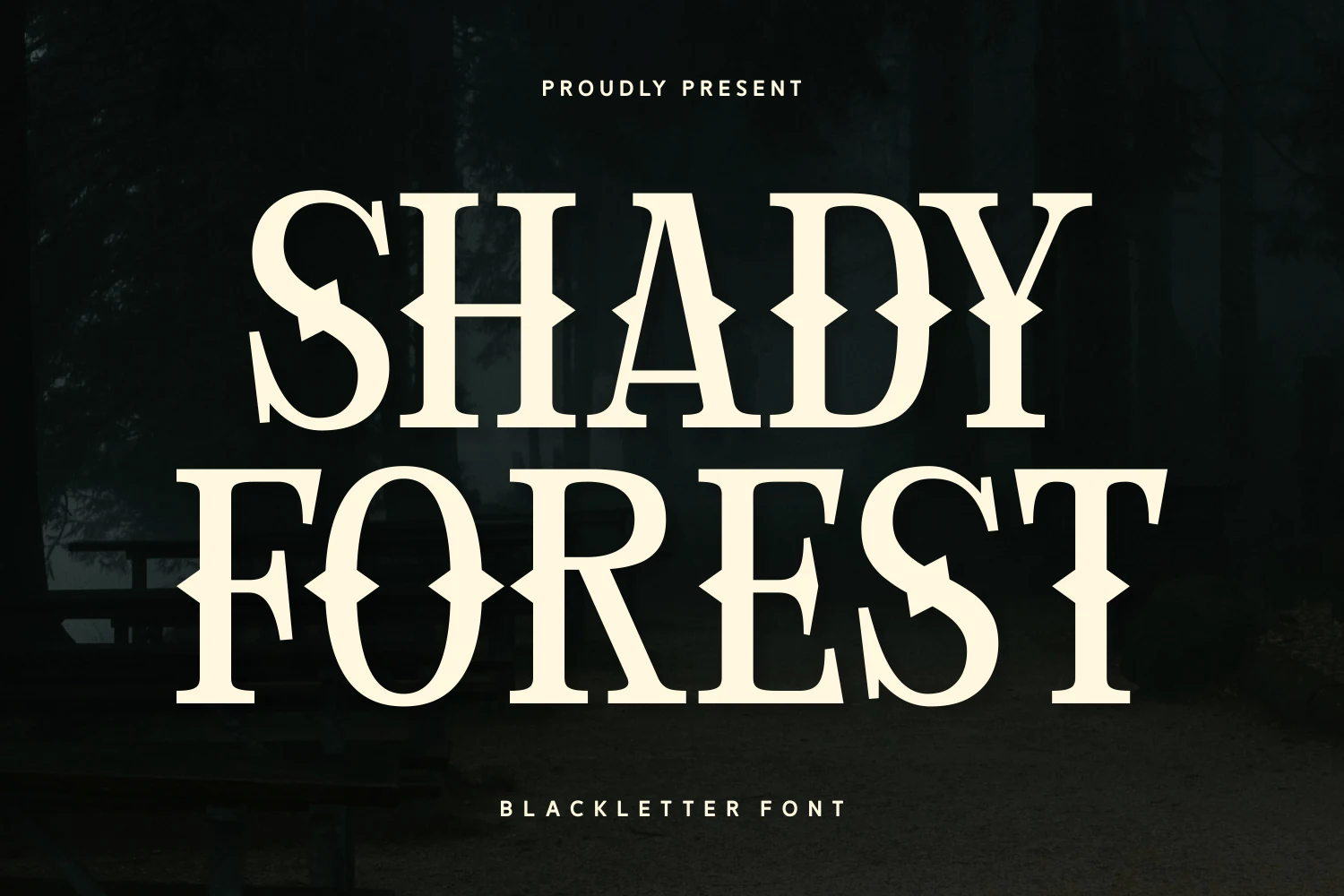 Shady Forest Font in a bold, high-contrast serif display style with upright strokes, sharp angular serifs, and diamond-shaped accents.