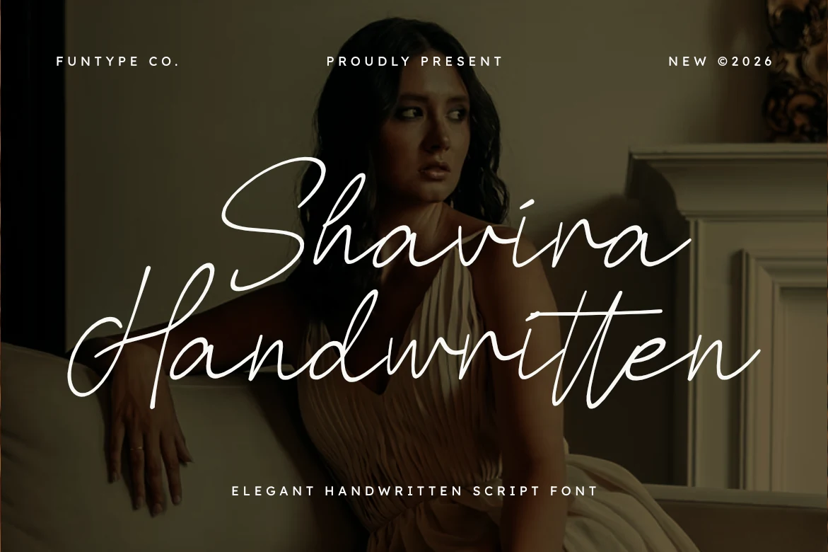 Shavira Handwritten Font is a bold, slanted script with connected letters, rounded terminals, and fluid curves.