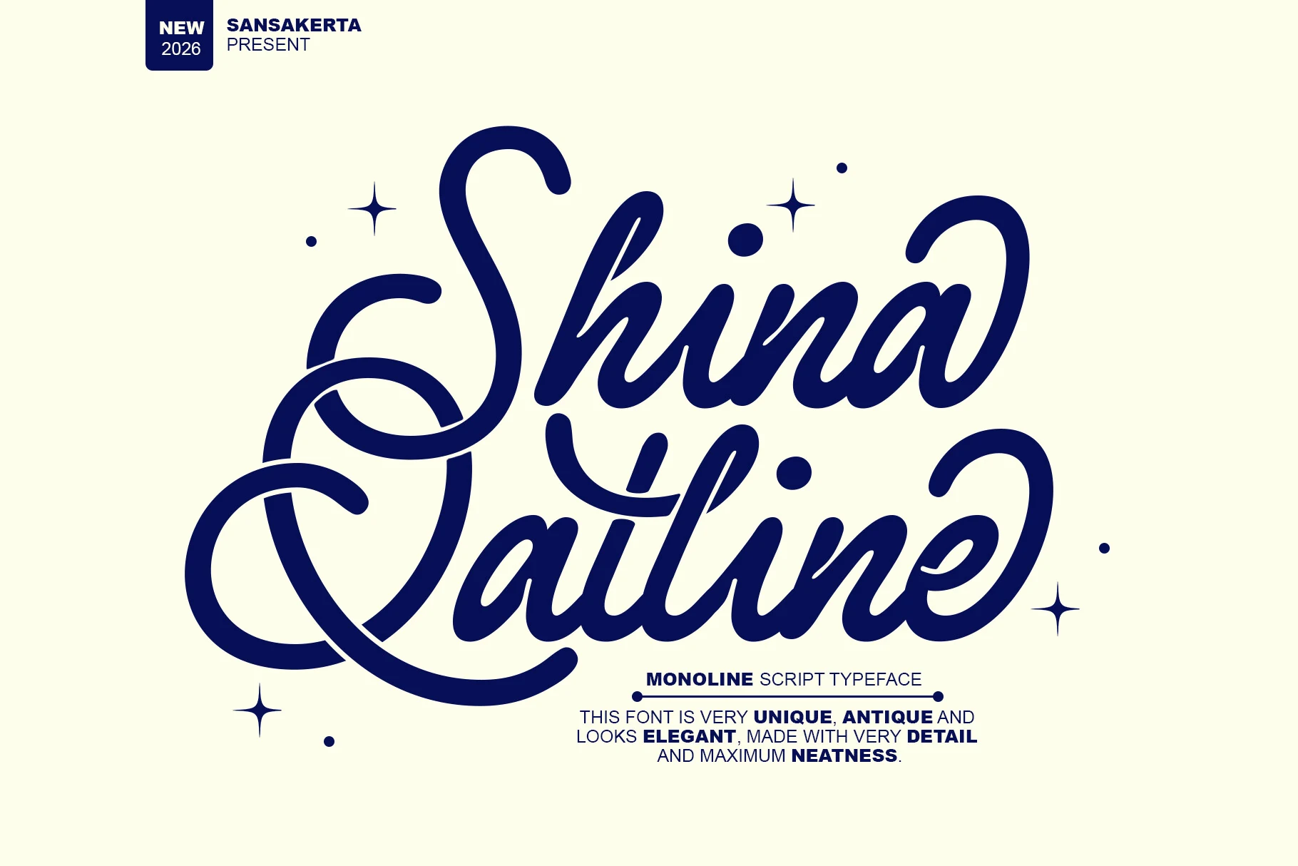 Shina Qatline Font preview with bold navy monoline script and ornate looping capitals