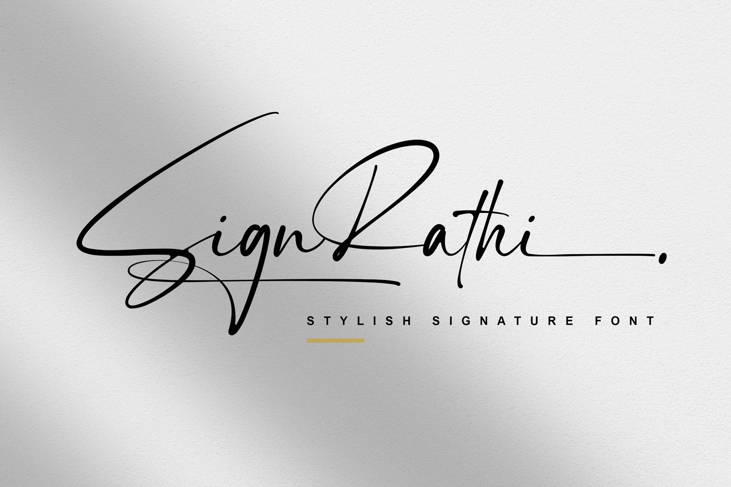 Sign Rathi Font preview with thin black signature lettering, looping cursive strokes, and long horizontal swashes
