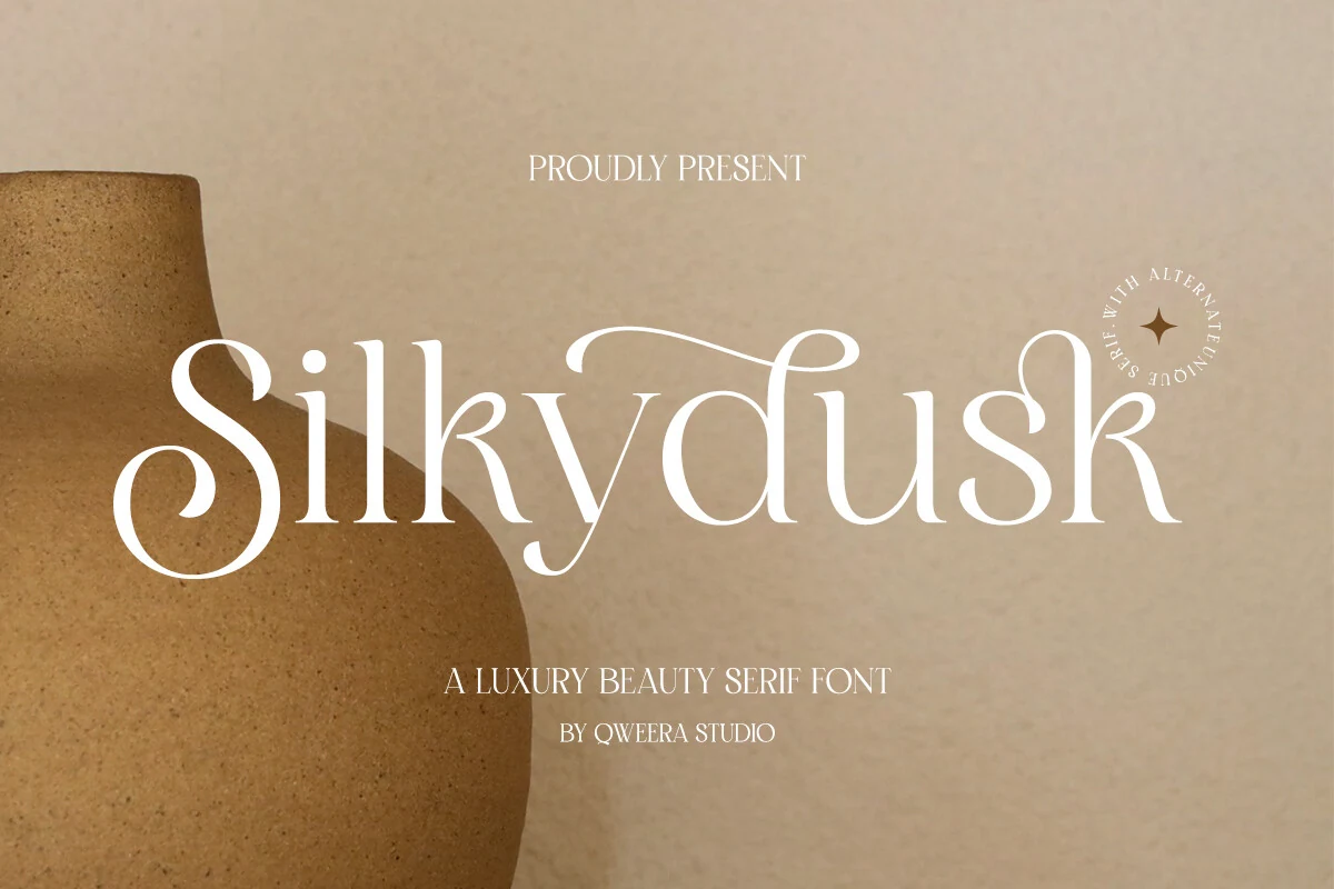 Silkydusk Font preview with elegant high-contrast serif lettering and sweeping swash details